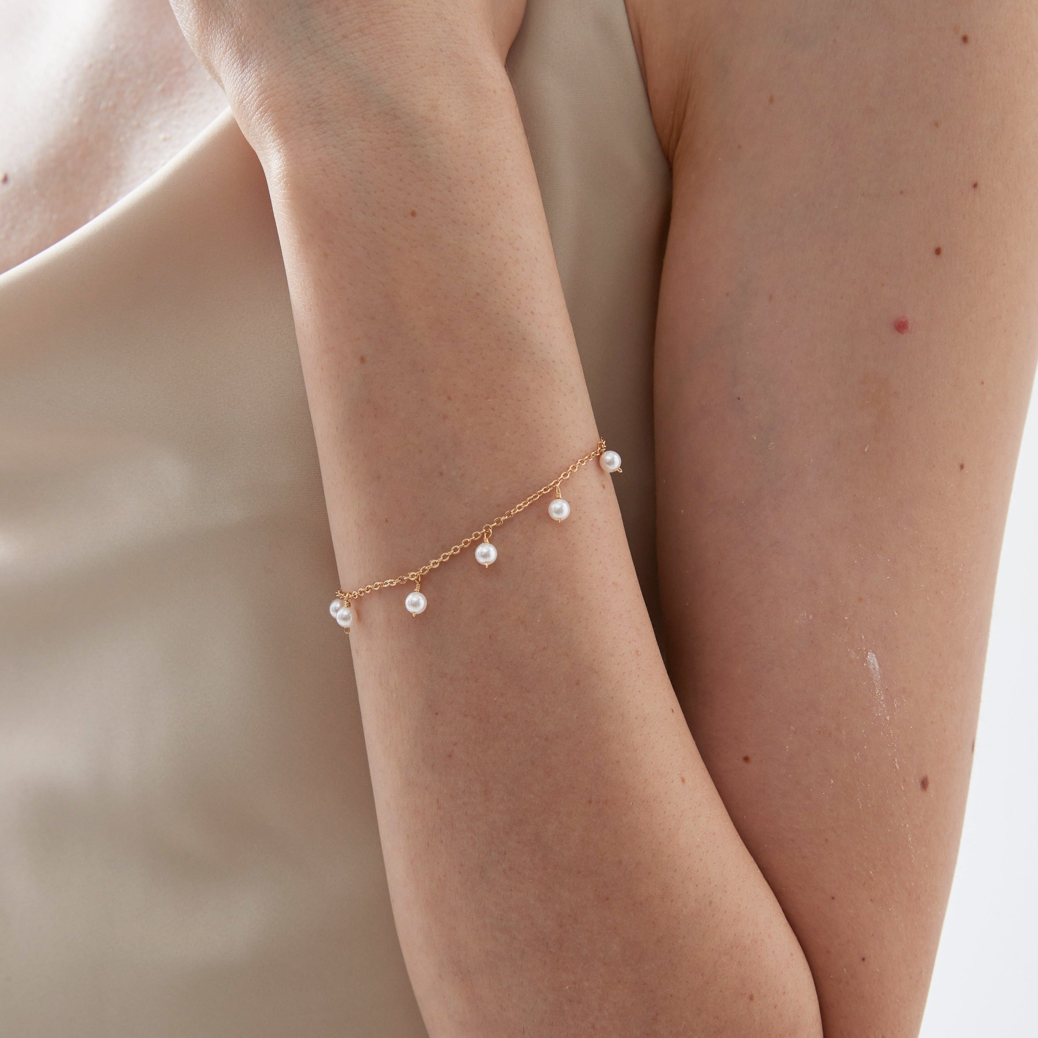 Beaded Pearl Minimalist Bracelet on hand