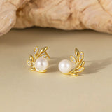 STMG Natural Pearl on Olive Leaf Stud Earrings in gold