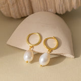 STMG Natural Pearl Dangle Hoops in gold