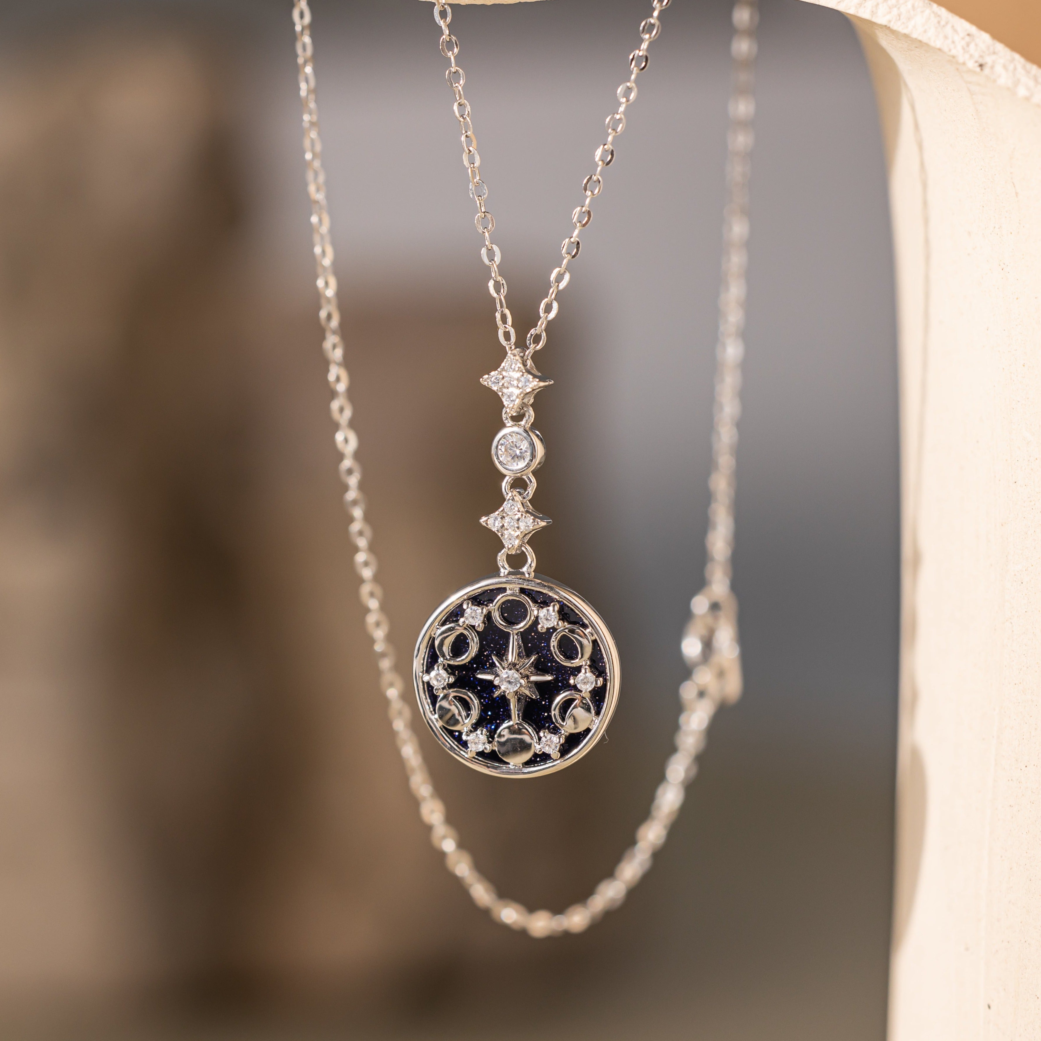 Blue Sandstone Moon Phase Necklace in silver