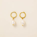 STMG Natural Pearl Dangle Hoops in gold