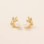 STMG Natural Pearl on Olive Leaf Stud Earrings in gold