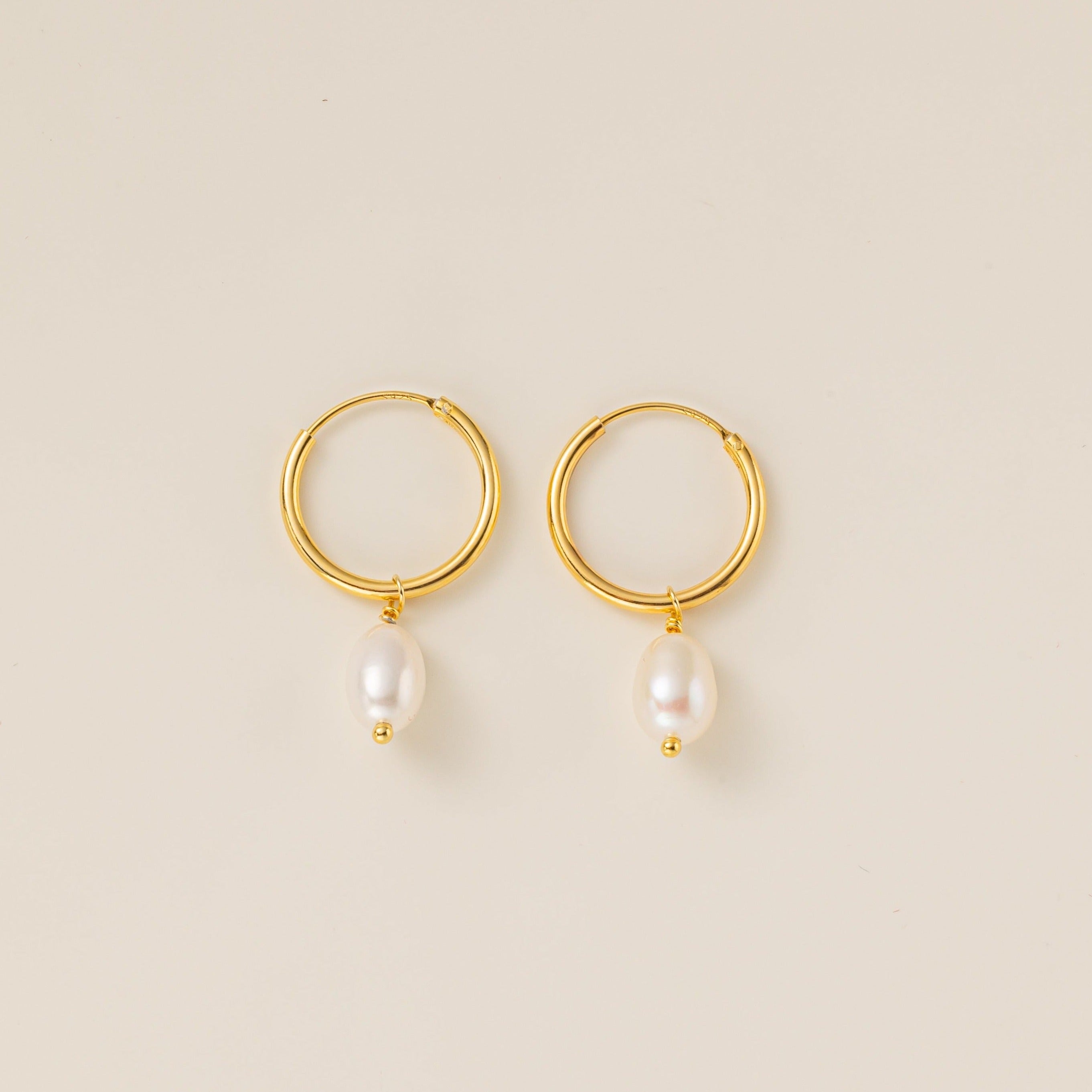 STMG Natural Pearl Dangle Hoops in gold