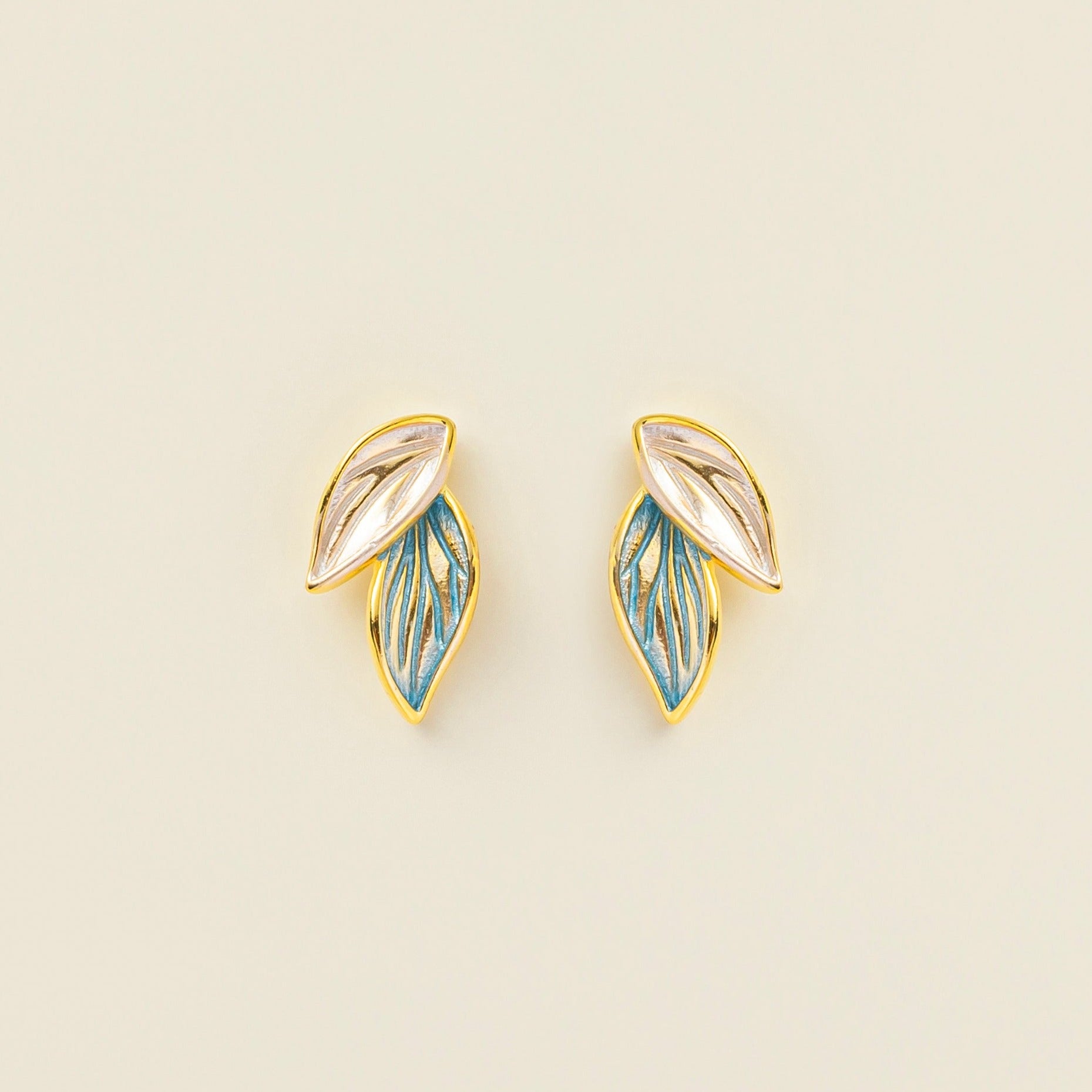 Blue Leaf Stud Earrings in gold