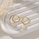 STMG Natural Pearl Dangle Hoops in gold