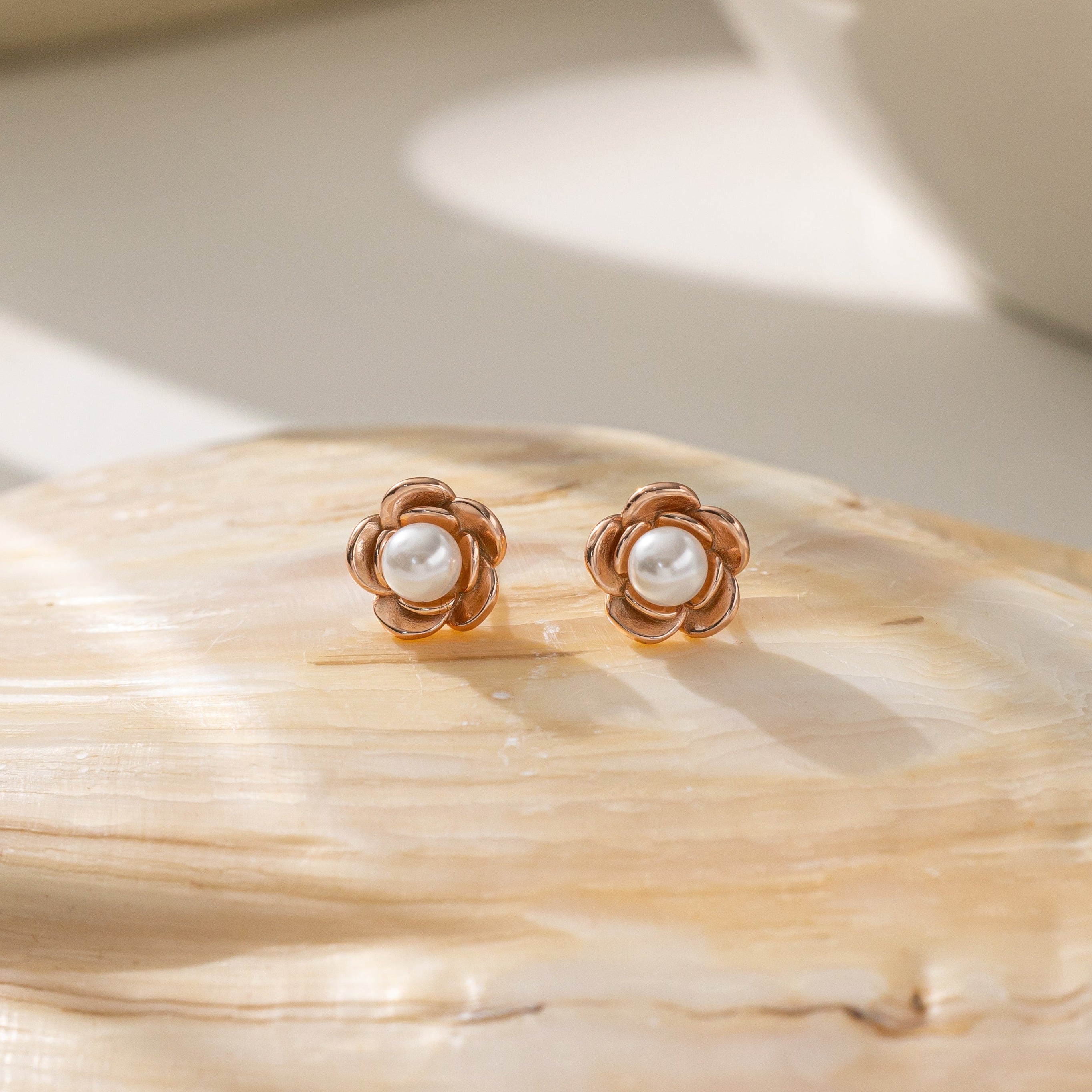 STMG Pearl on Rose Stud Earrings