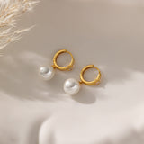 STMG Pearl Dangle Hoops in gold