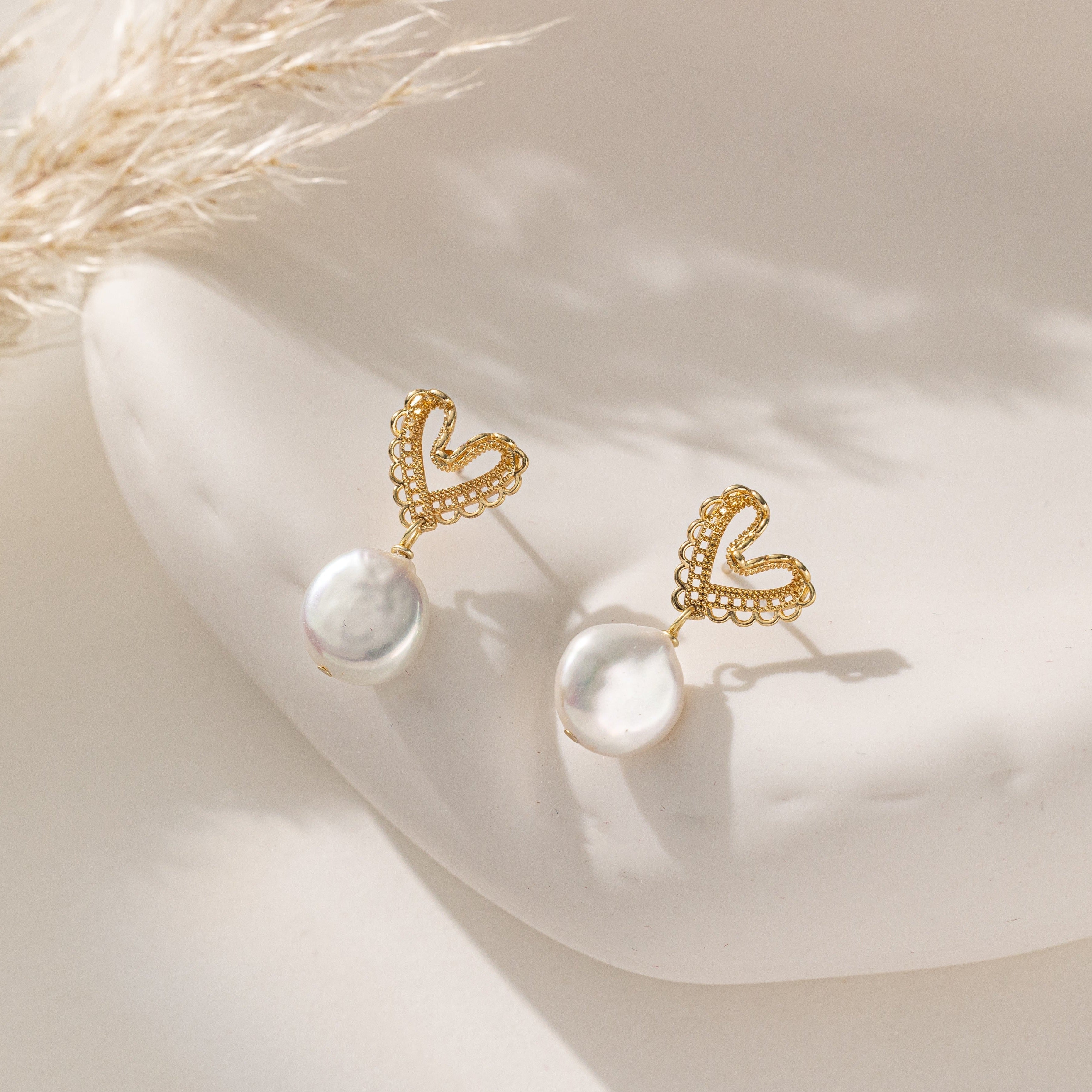 STMG Natural Pearl Dangle Heart Earrings