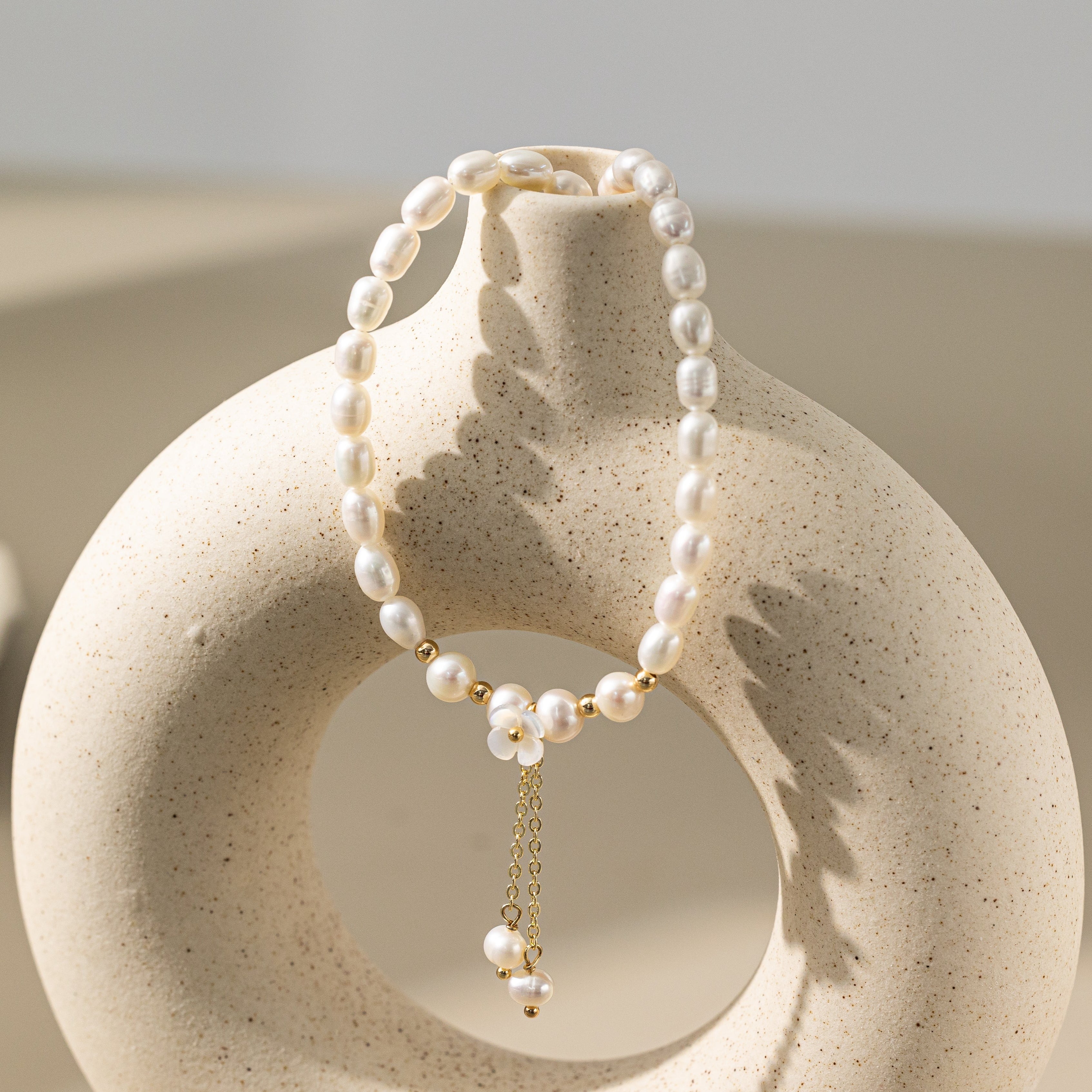 STMG Natural Pearl with Mother of Pearl Flower Necklace