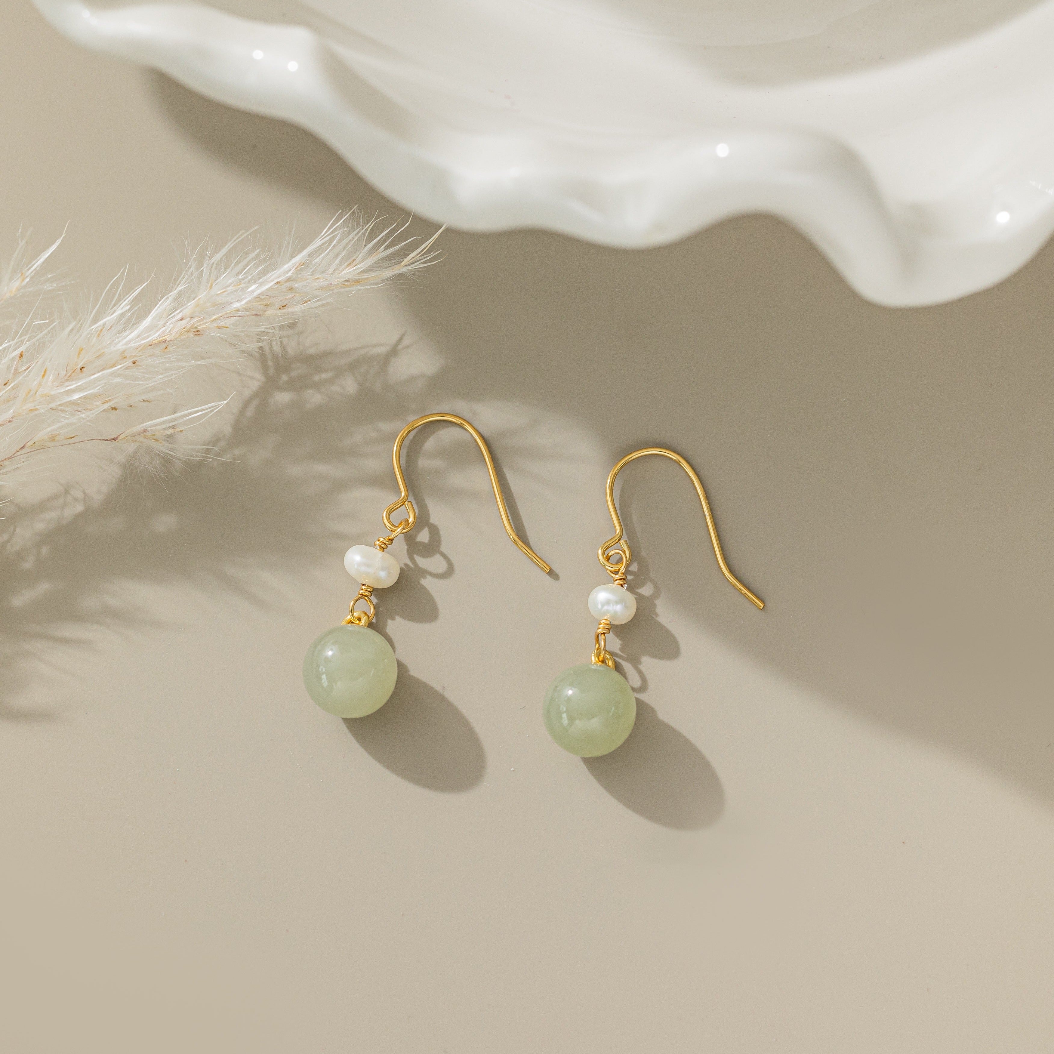 STMG Natural Jade Pearl Hook Dangle Earrings