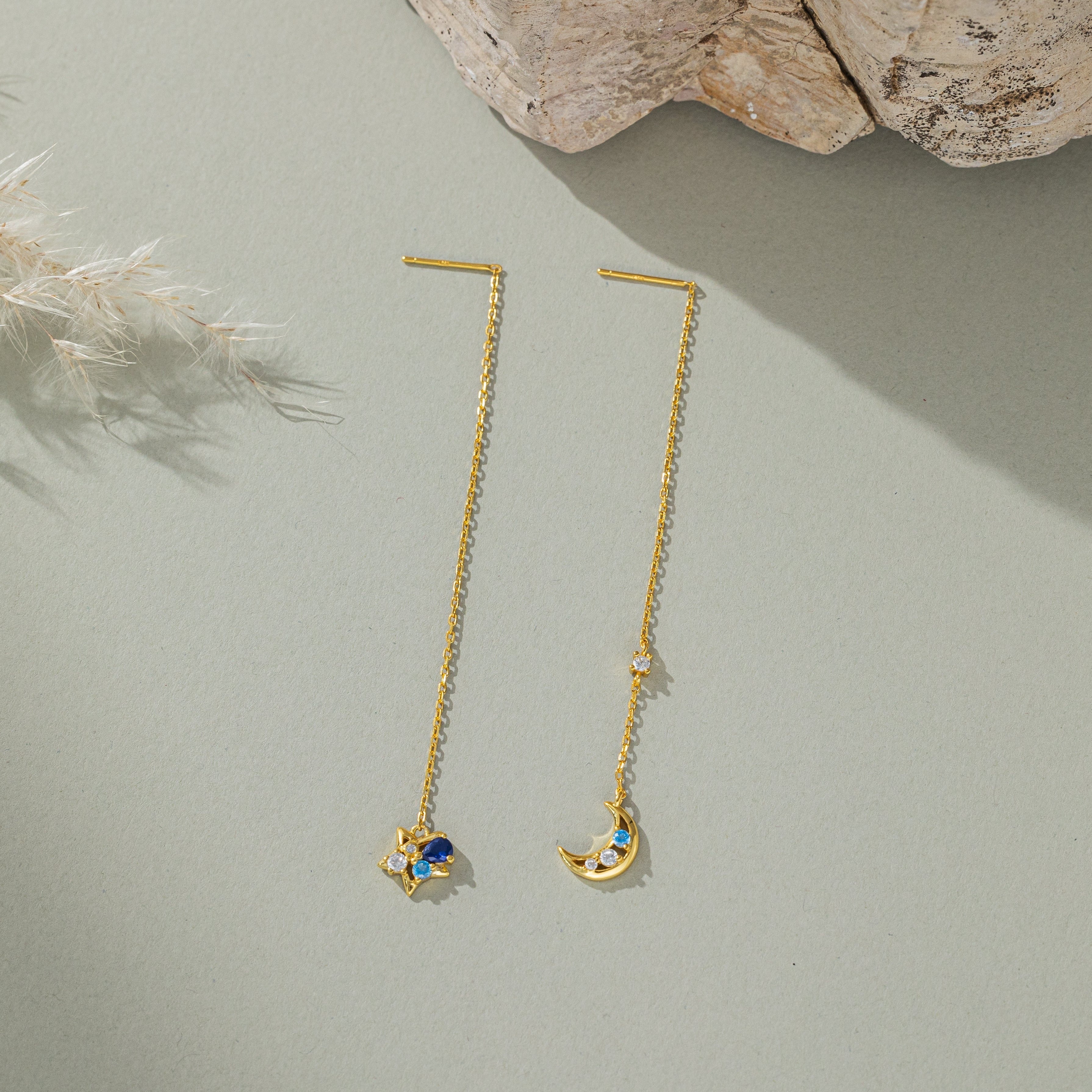 STMG Moon and Star Threader Earrings in gold