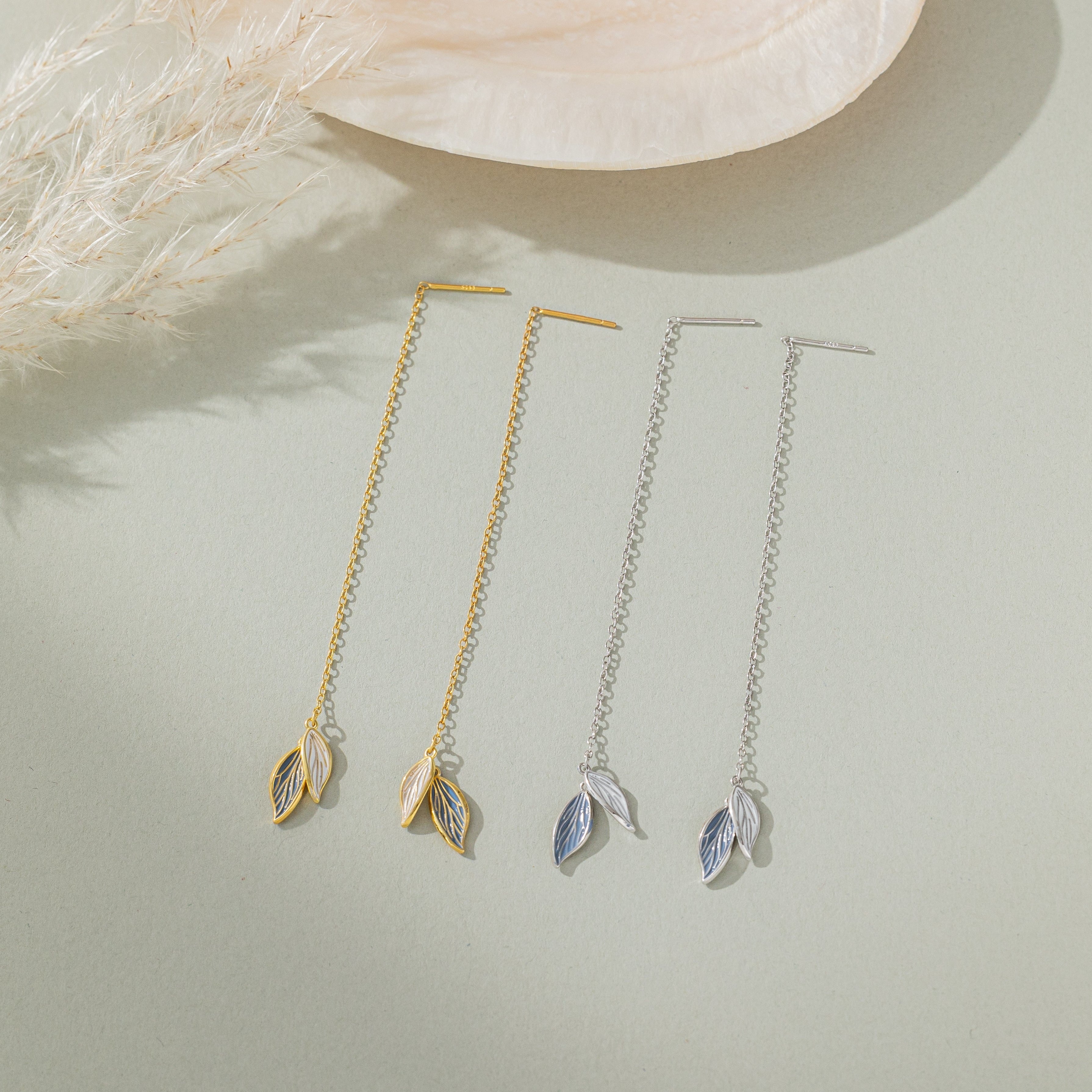 Blue Leaf Threader Earrings in 2 colours