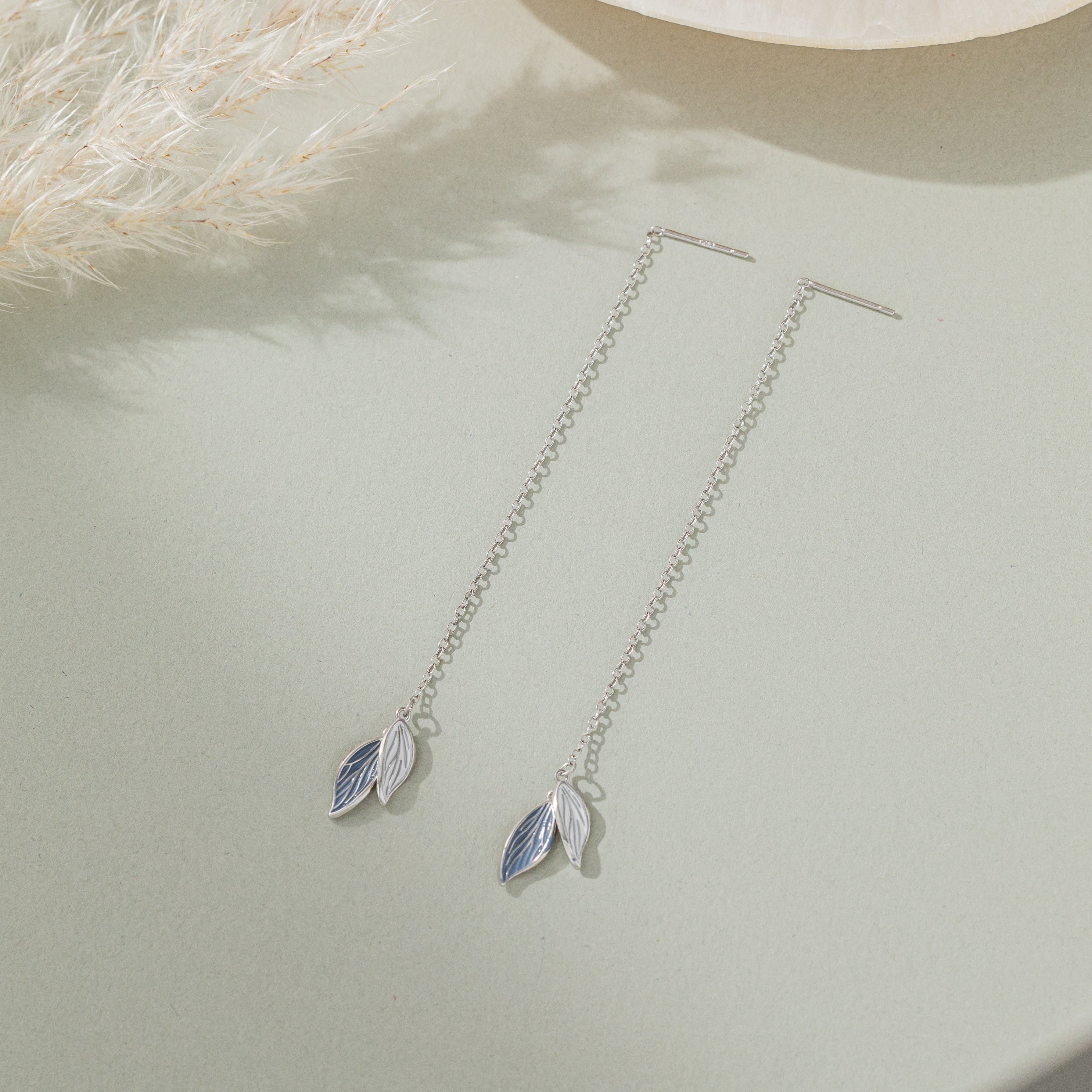 Blue Leaf Threader Earrings in silver