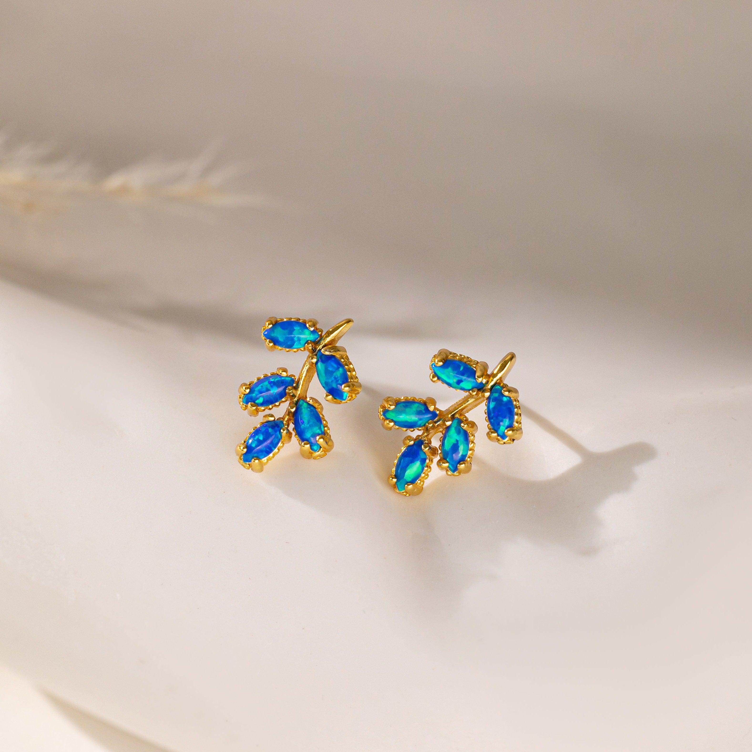 Blue Opal Olive Leaf Stud Earrings