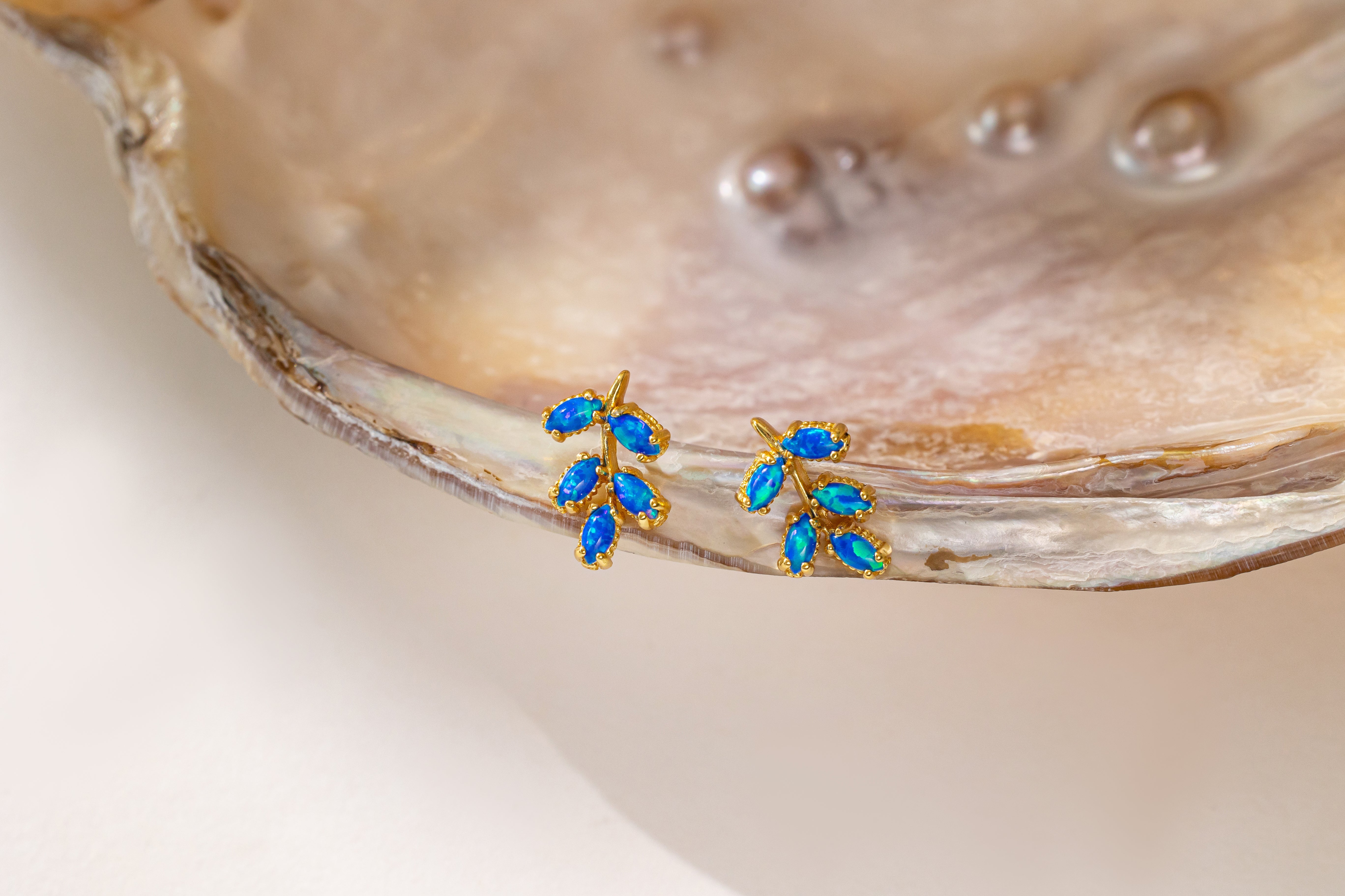 Blue Opal Olive Leaf Stud Earrings