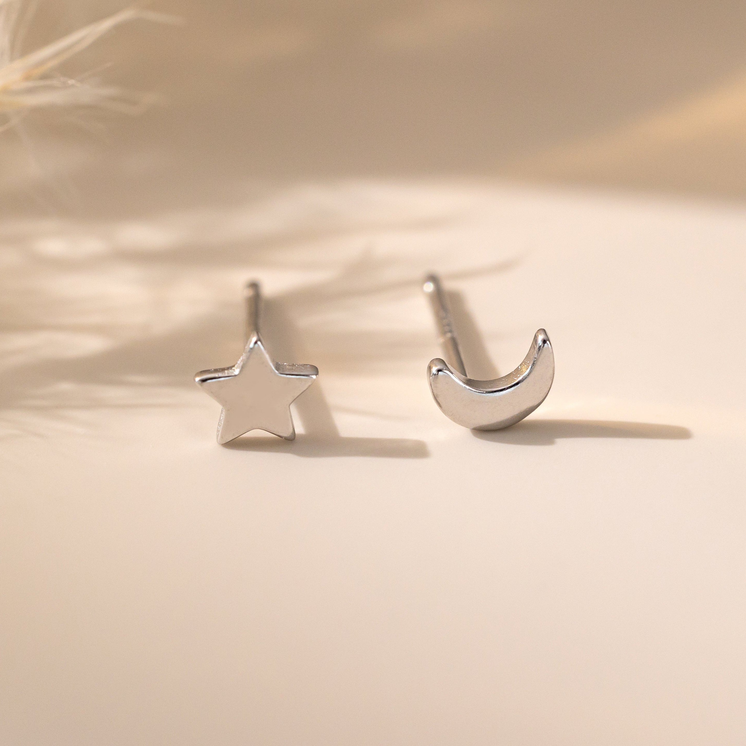 Crescent Moon and Star Stud Earrings