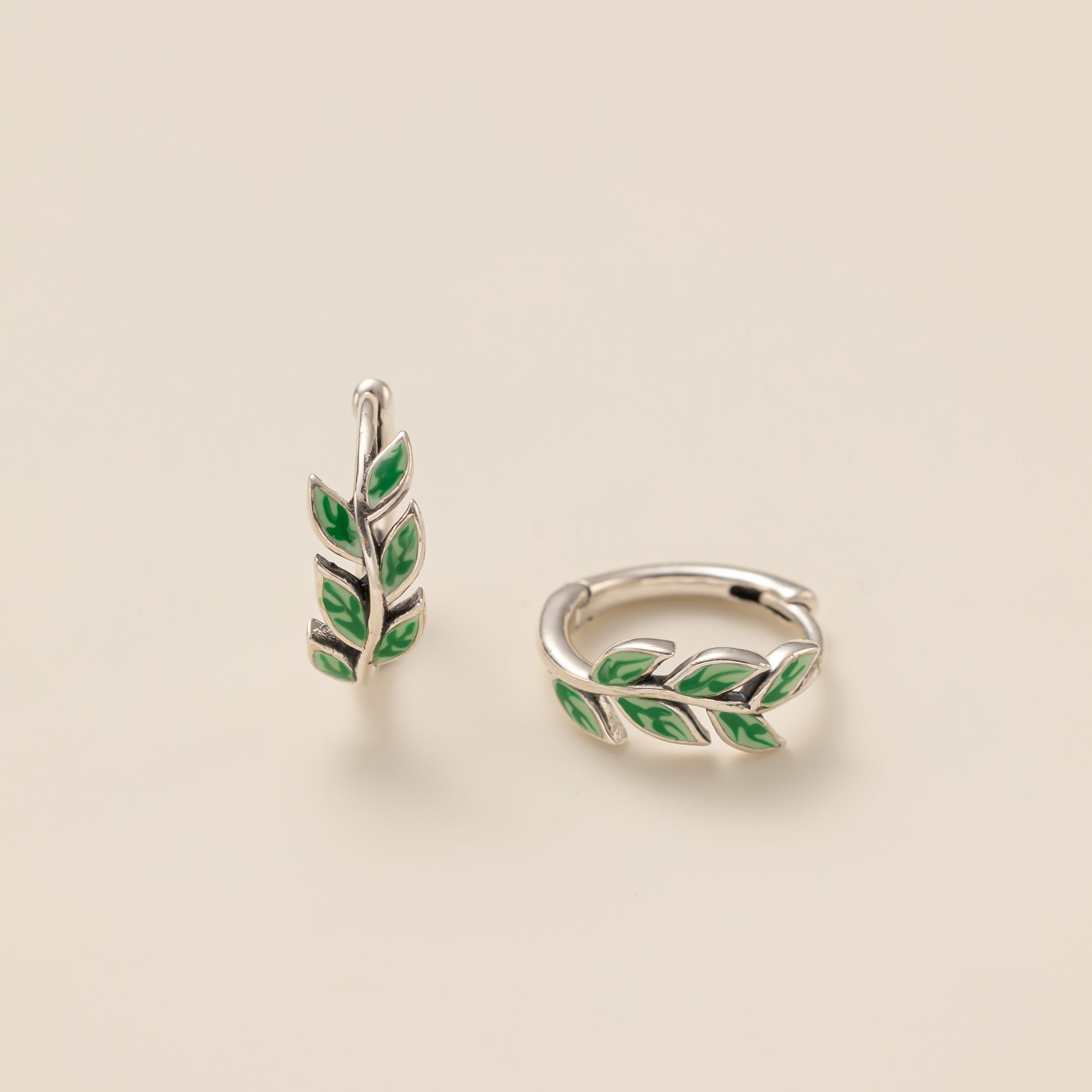 STMG Green Olive Leaf Hoops in silver