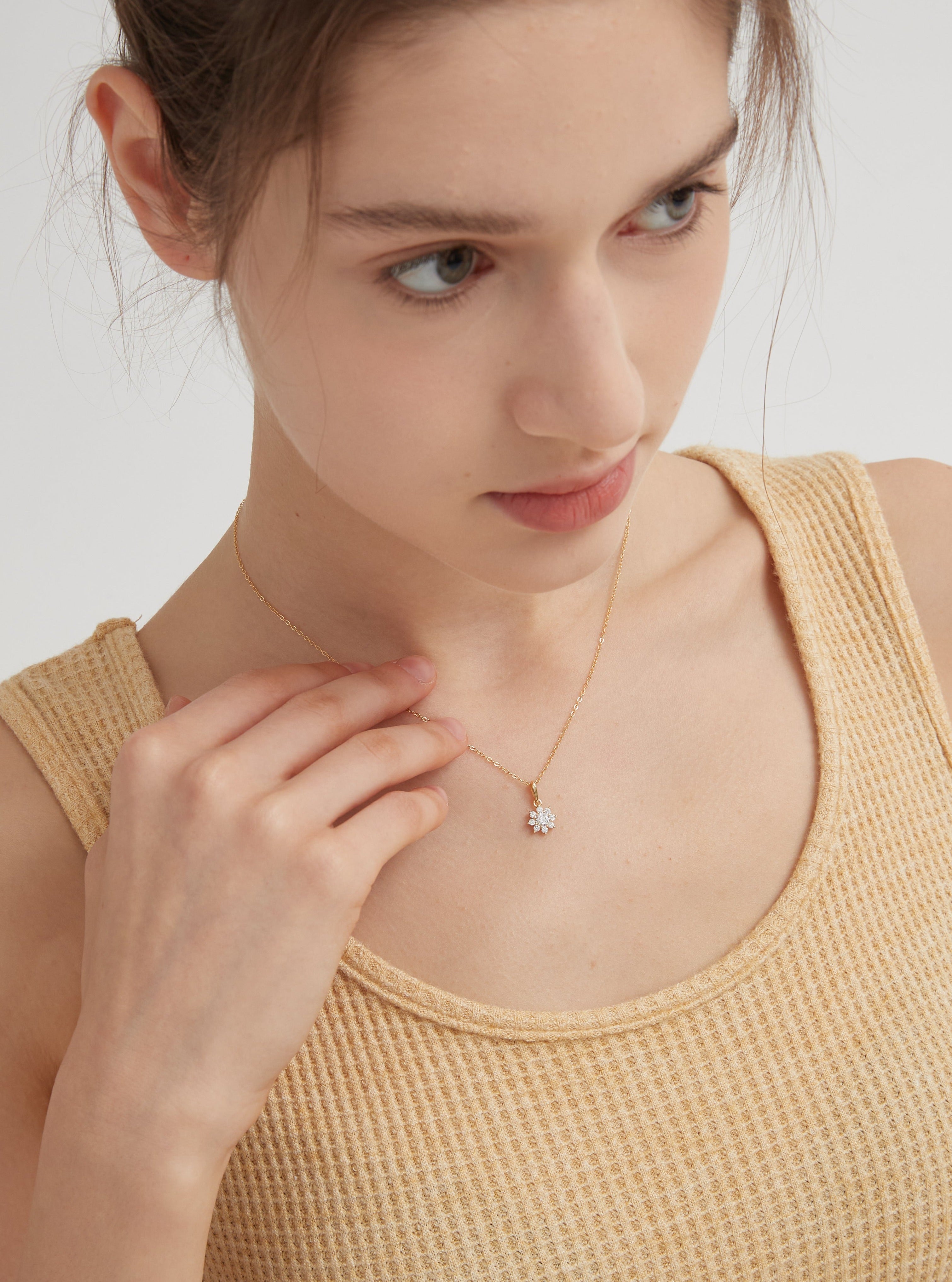 STMG Sunflower Necklace in gold on neck