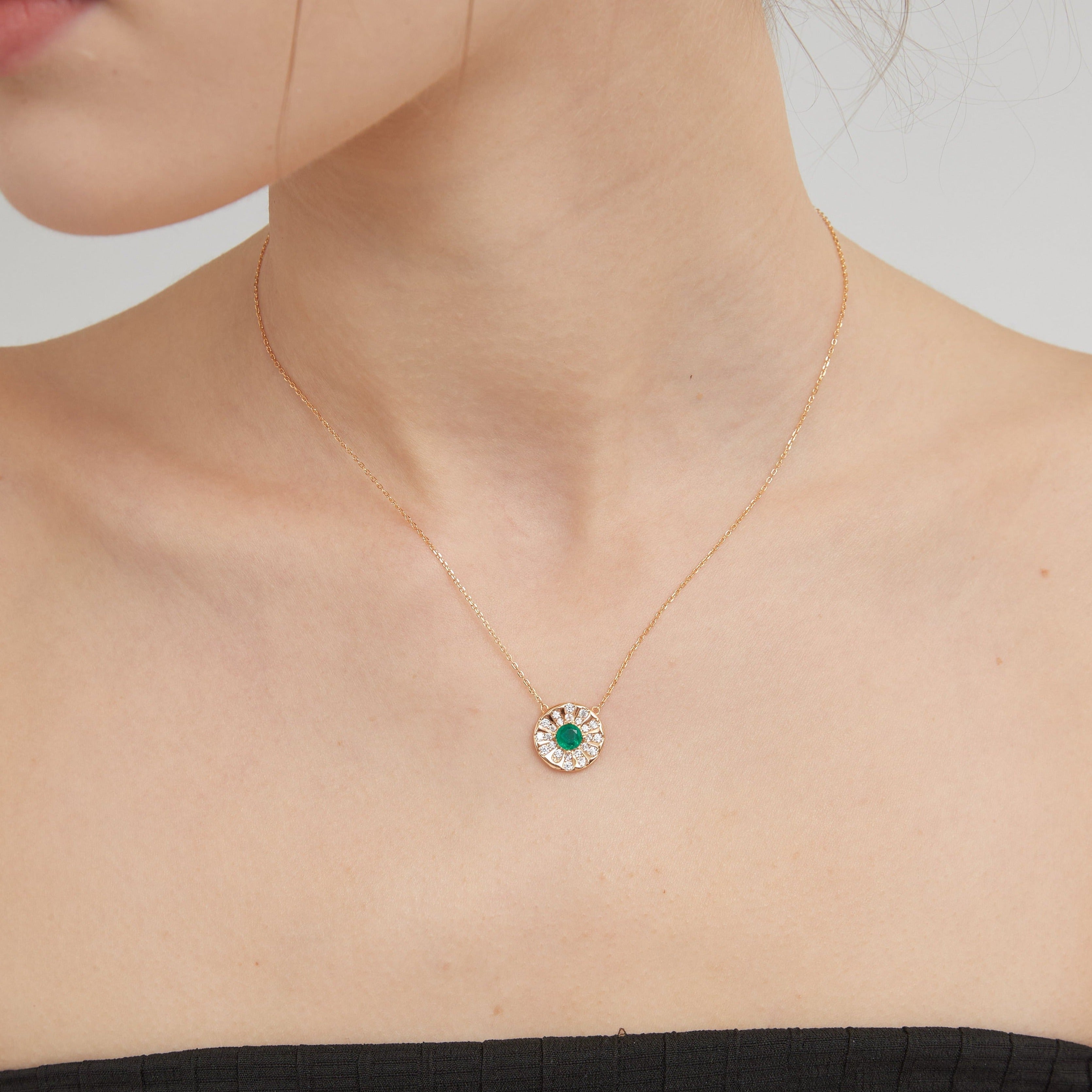 STMG Green Emerald Sun Disk Necklace on neck