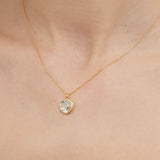 STMG Mother of Pearl with Blue Star Necklace on neck