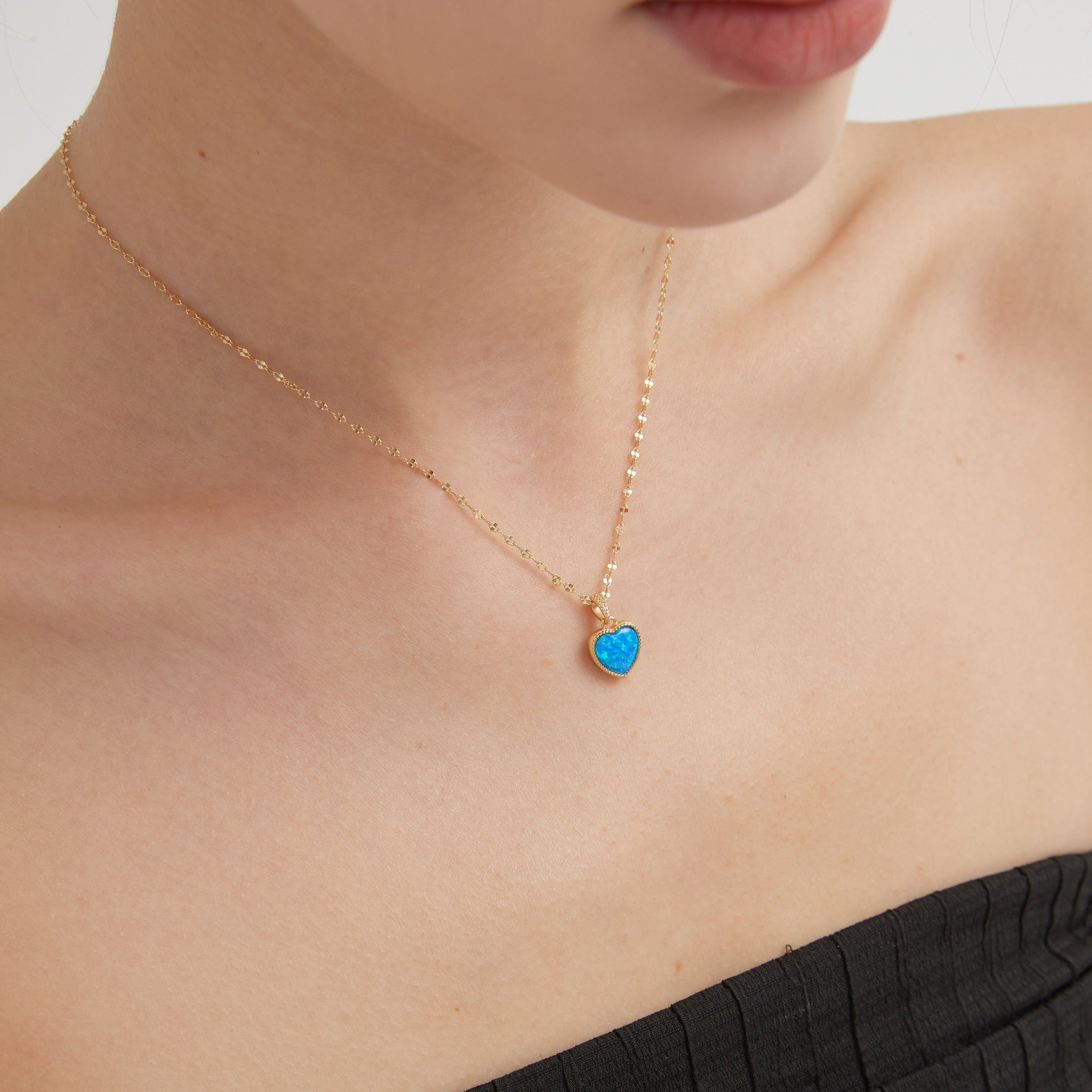 Blue Fire Opal Sweet Heart Necklace on neck