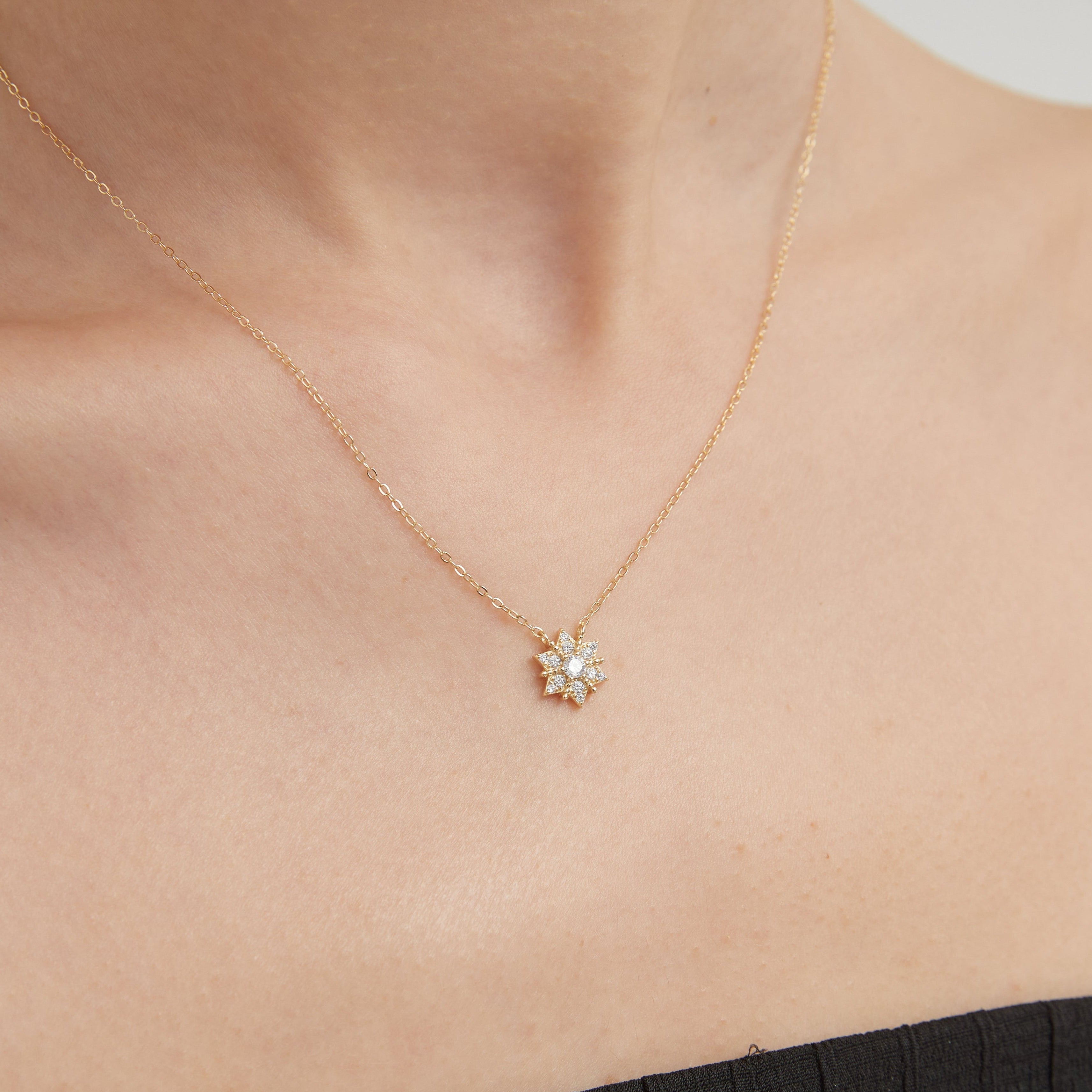 STMG Snowflake Necklace on neck