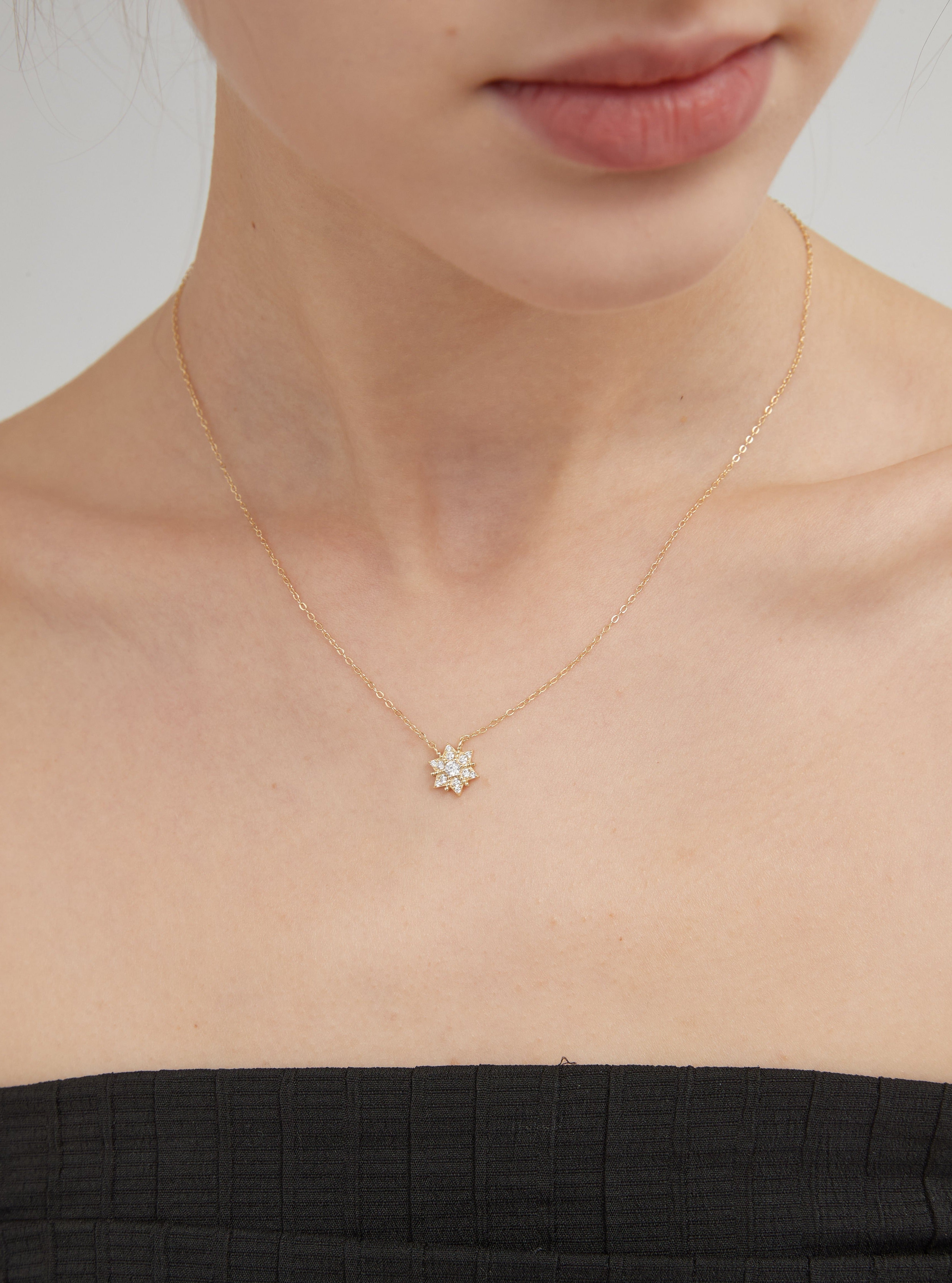 STMG Snowflake Necklace on neck