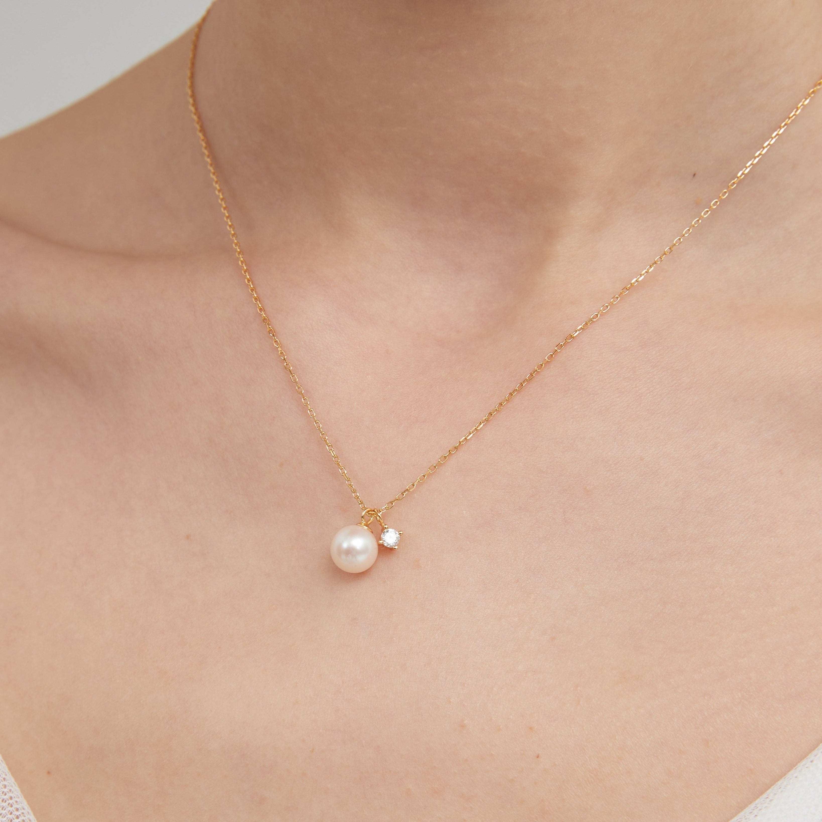 STMG Natural Freshwater Pearl Necklace in gold on neck