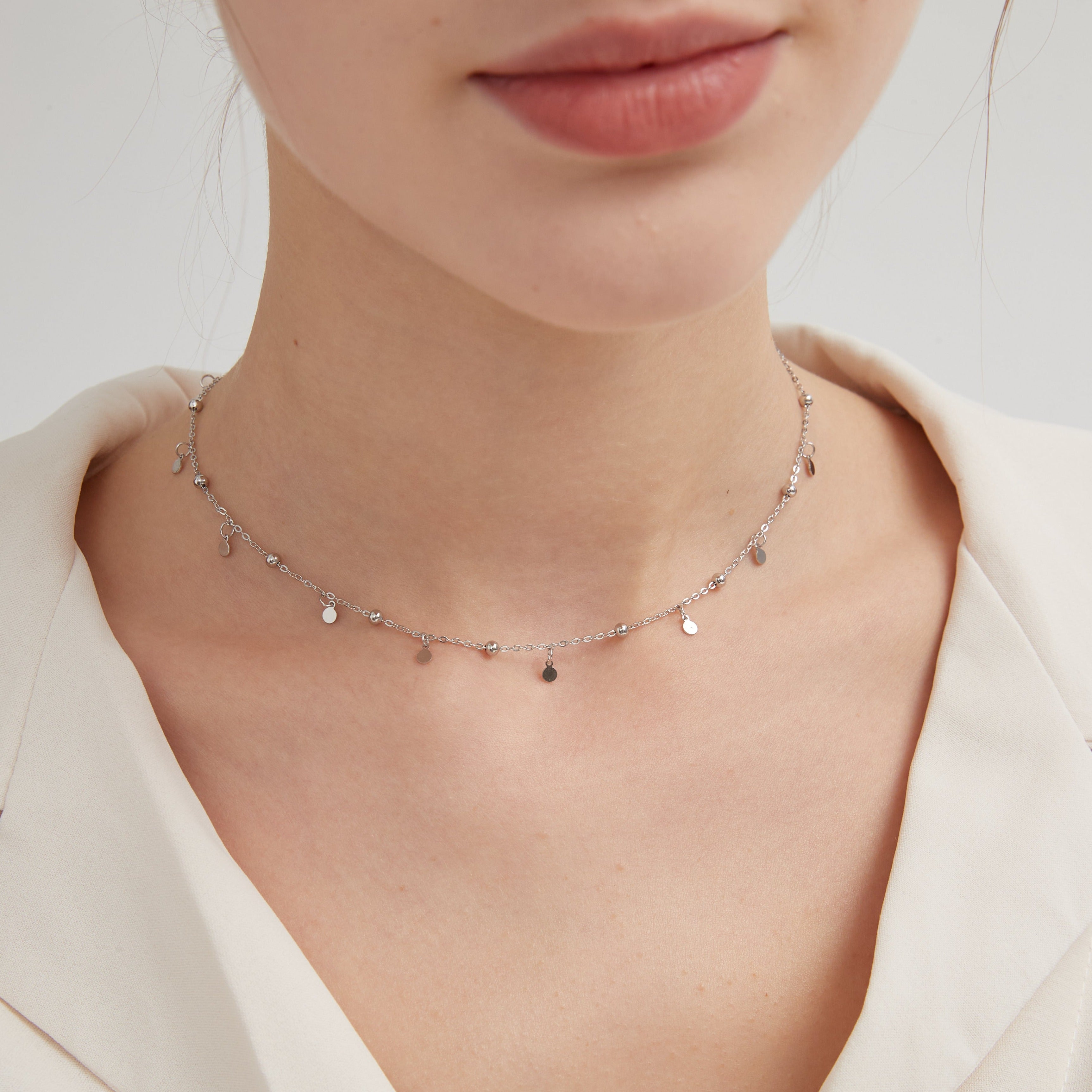 STMG Tassel Clavicle Choker Necklace in silver on neck