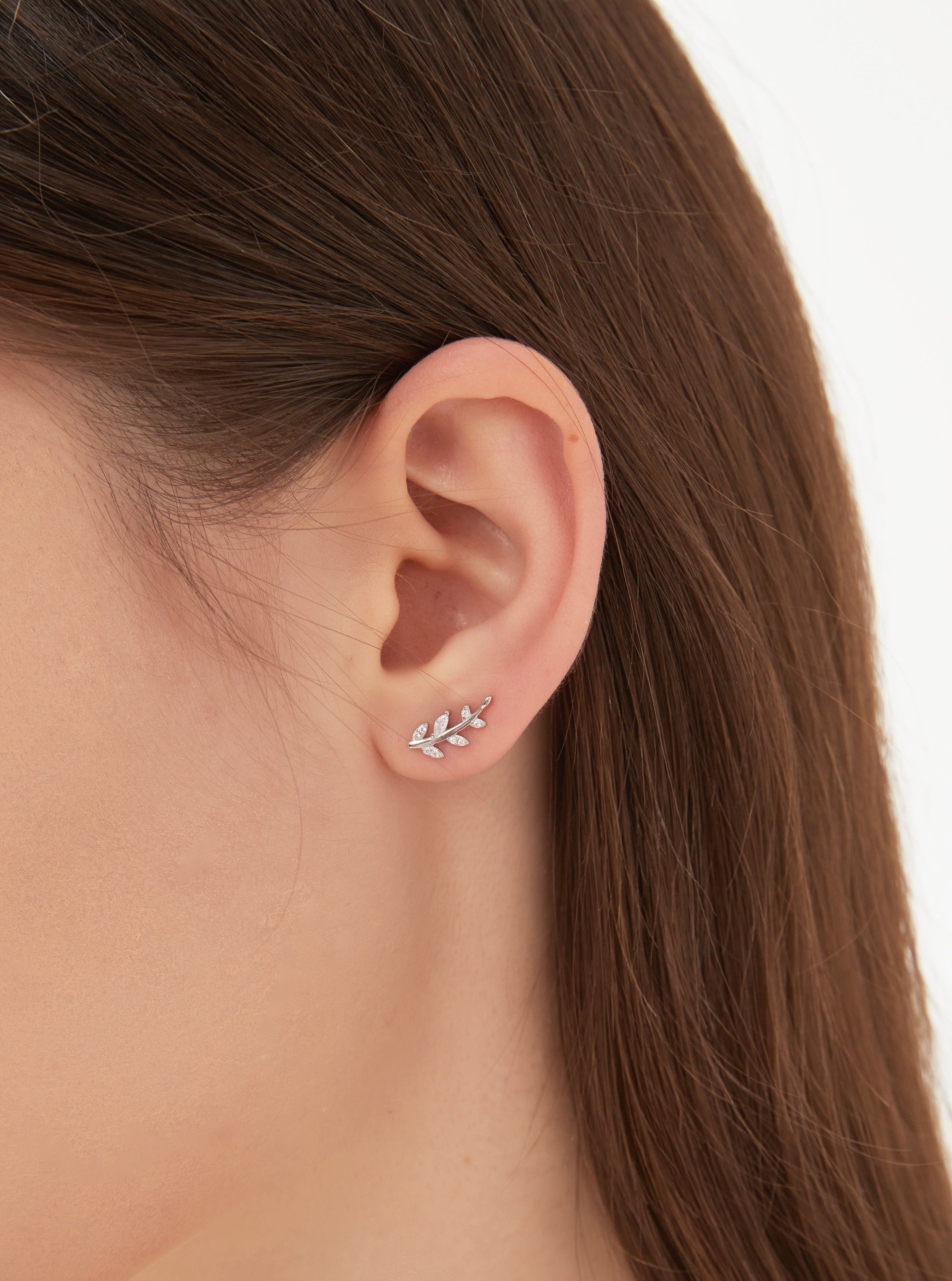 STMG Olive Leaf Stud Earrings in silver on ear