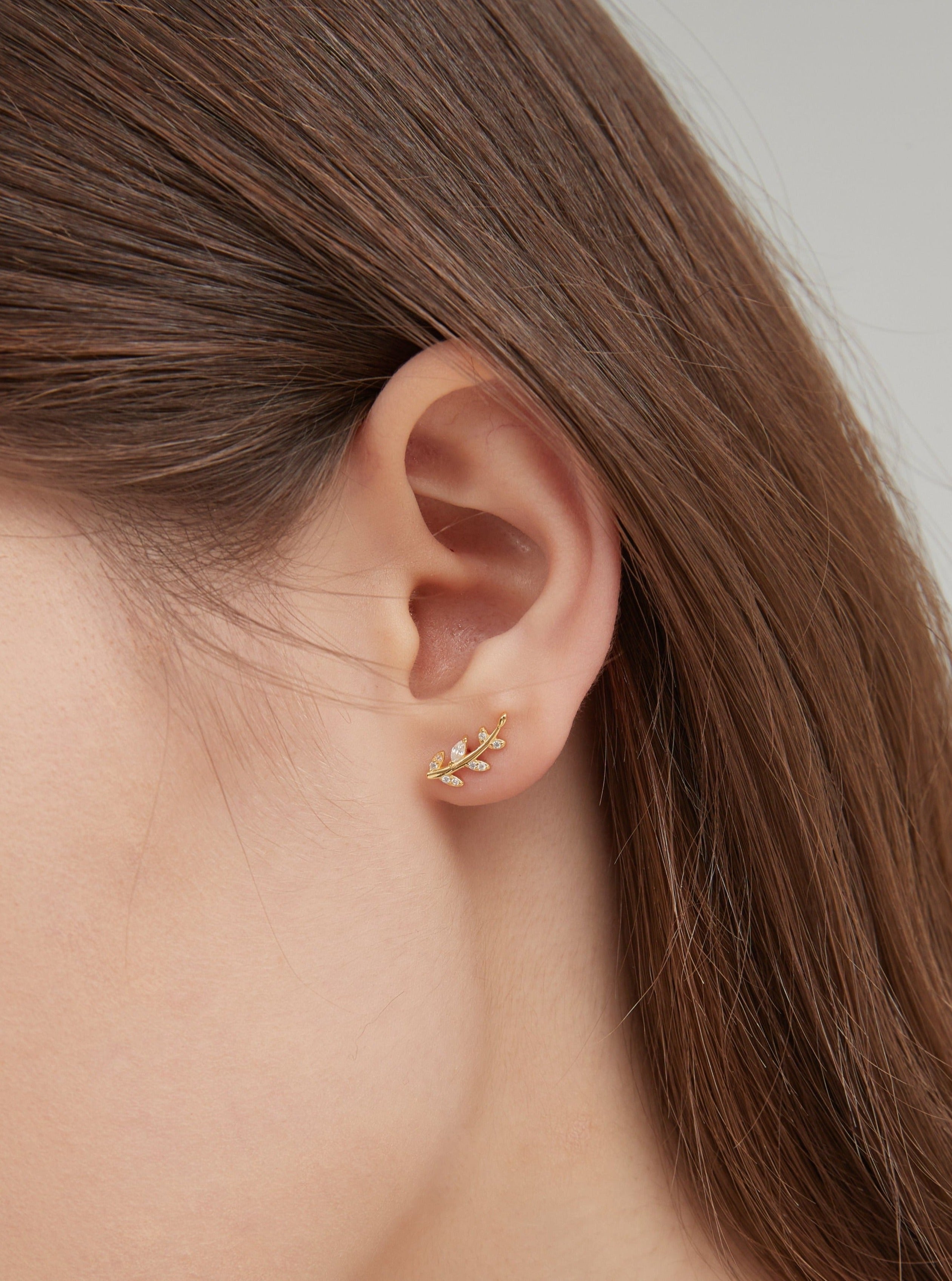 STMG Olive Leaf Stud Earrings in gold on ear