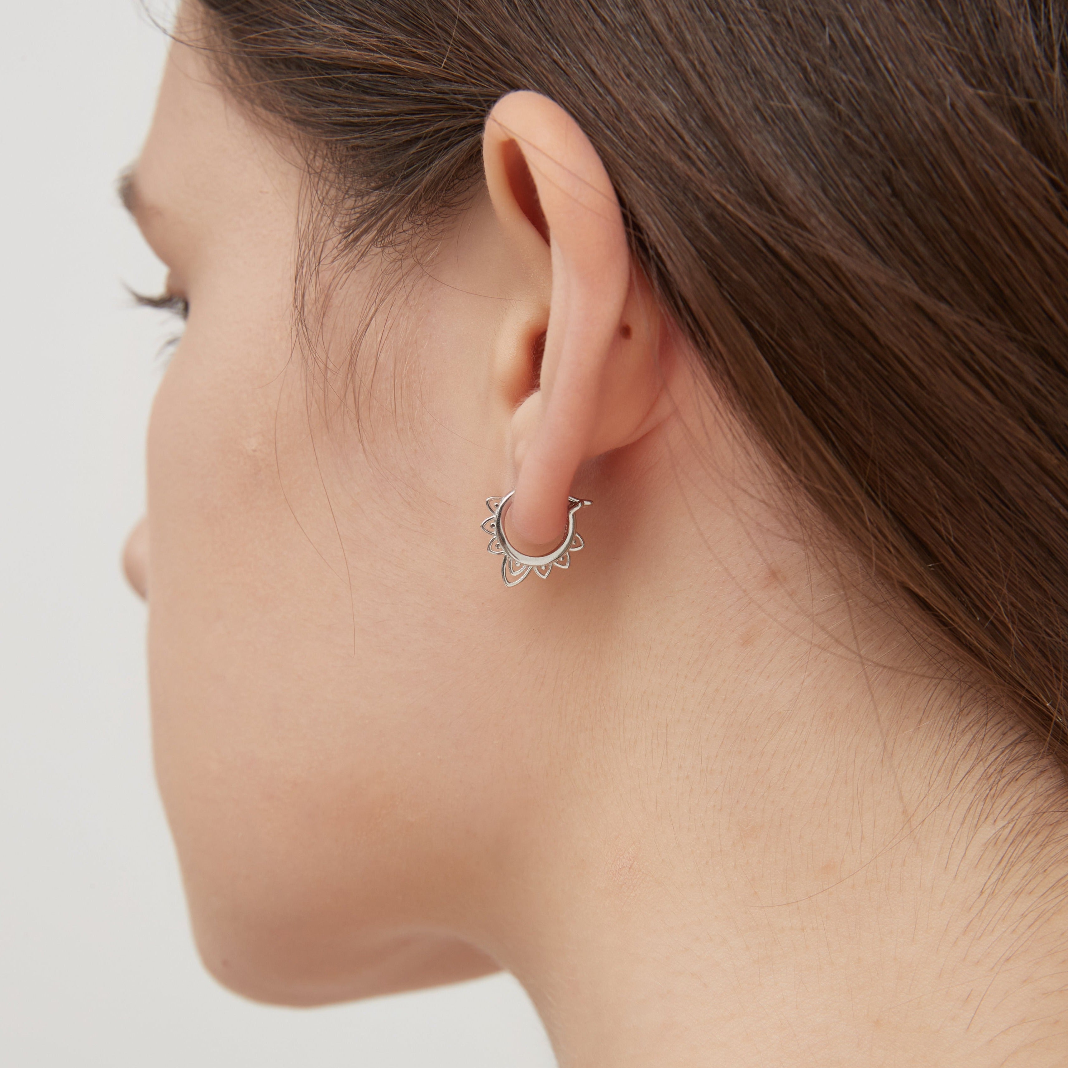 STMG Minimalist Lace Hoops in silver on ear