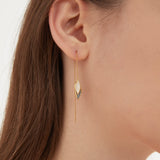 Blue Leaf Threader Earrings in gold on ear