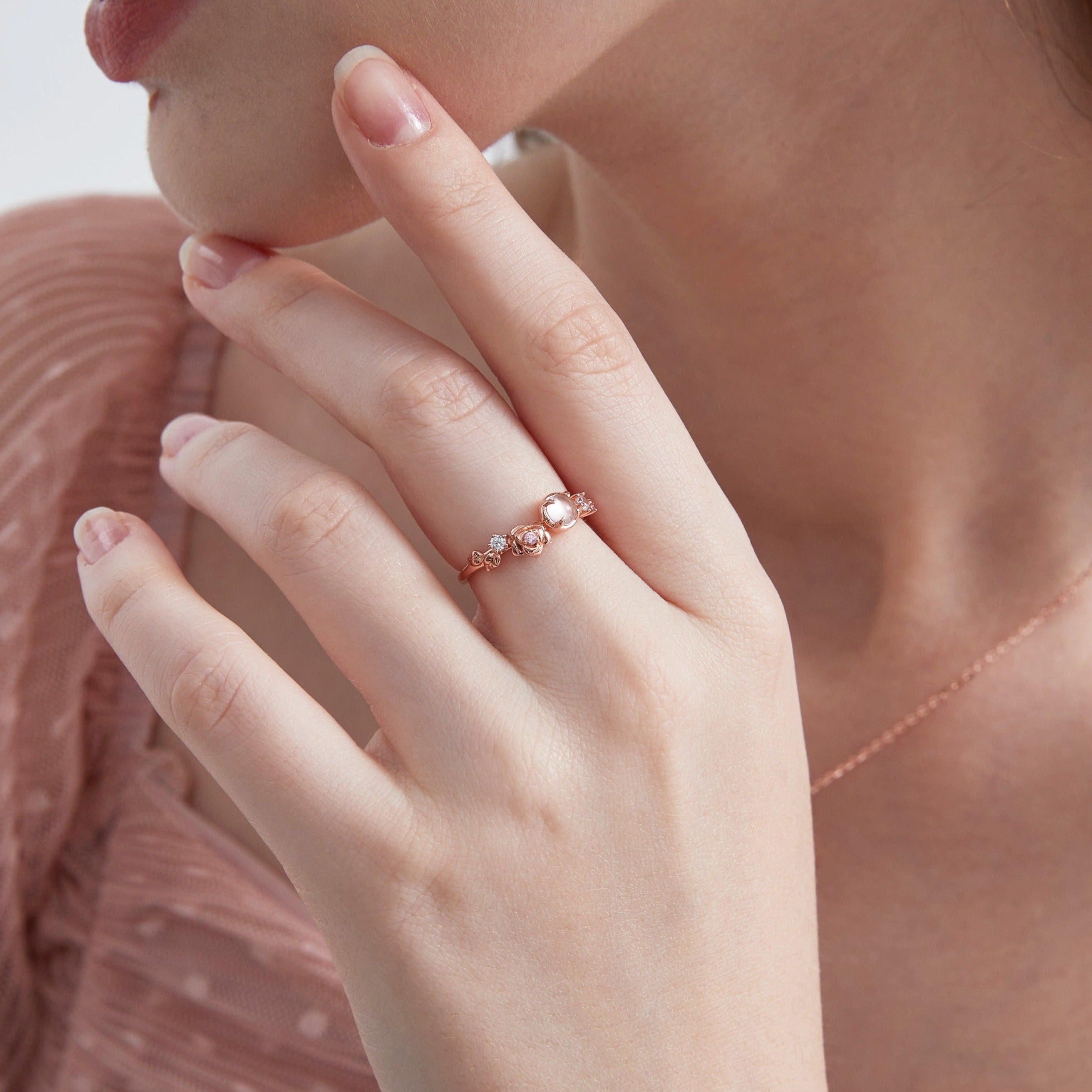 STMG Rose Quartz Ring on finger