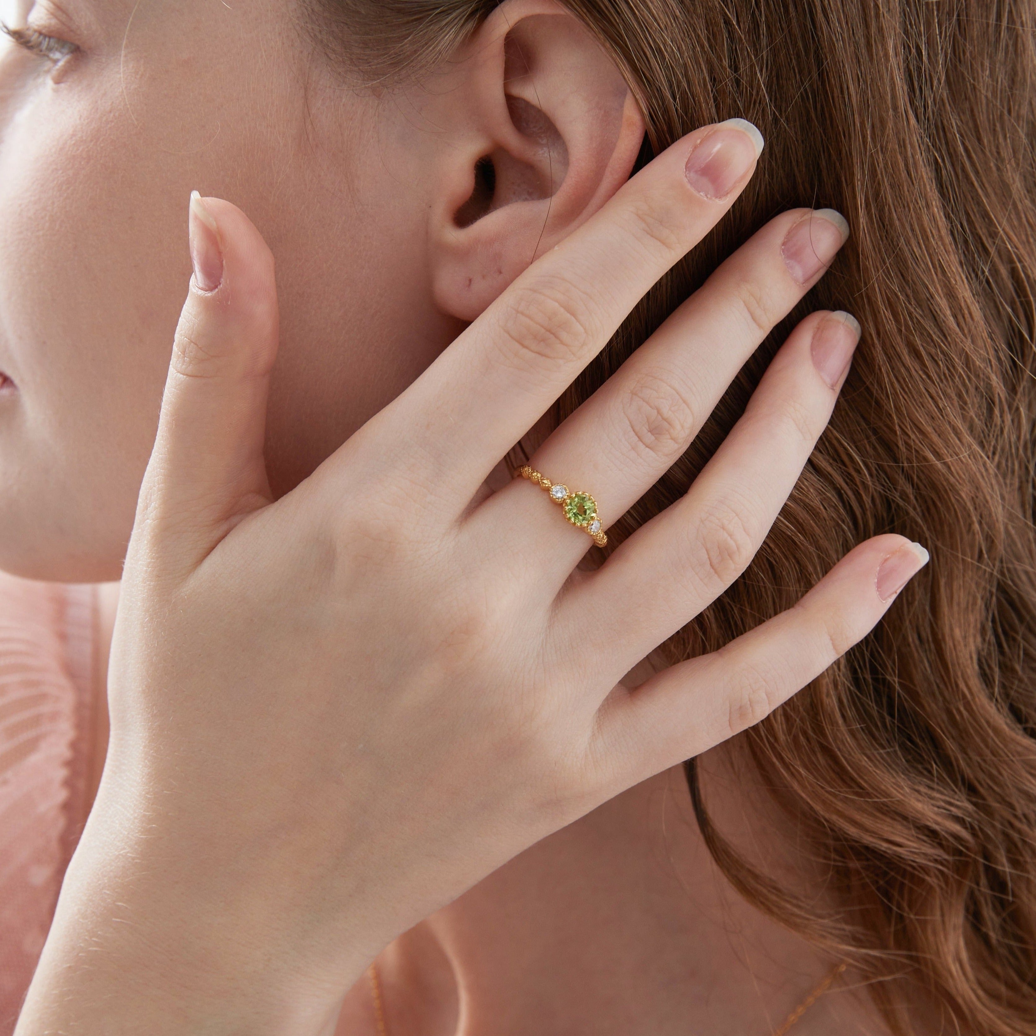 STMG Natural Green Peridot Adjustable Ring on finger