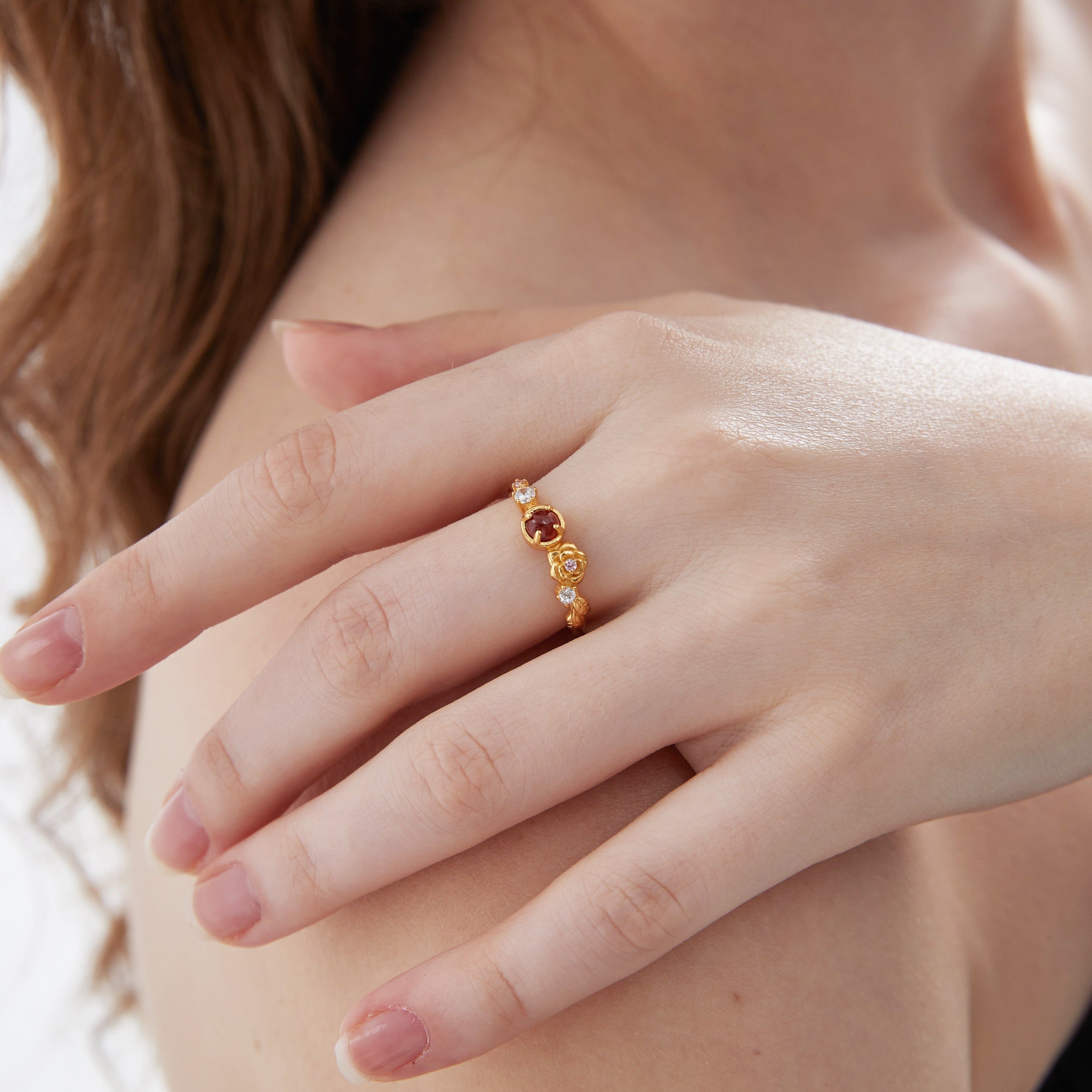 STMG Natural Garnet Rose Adjustable Ring on finger