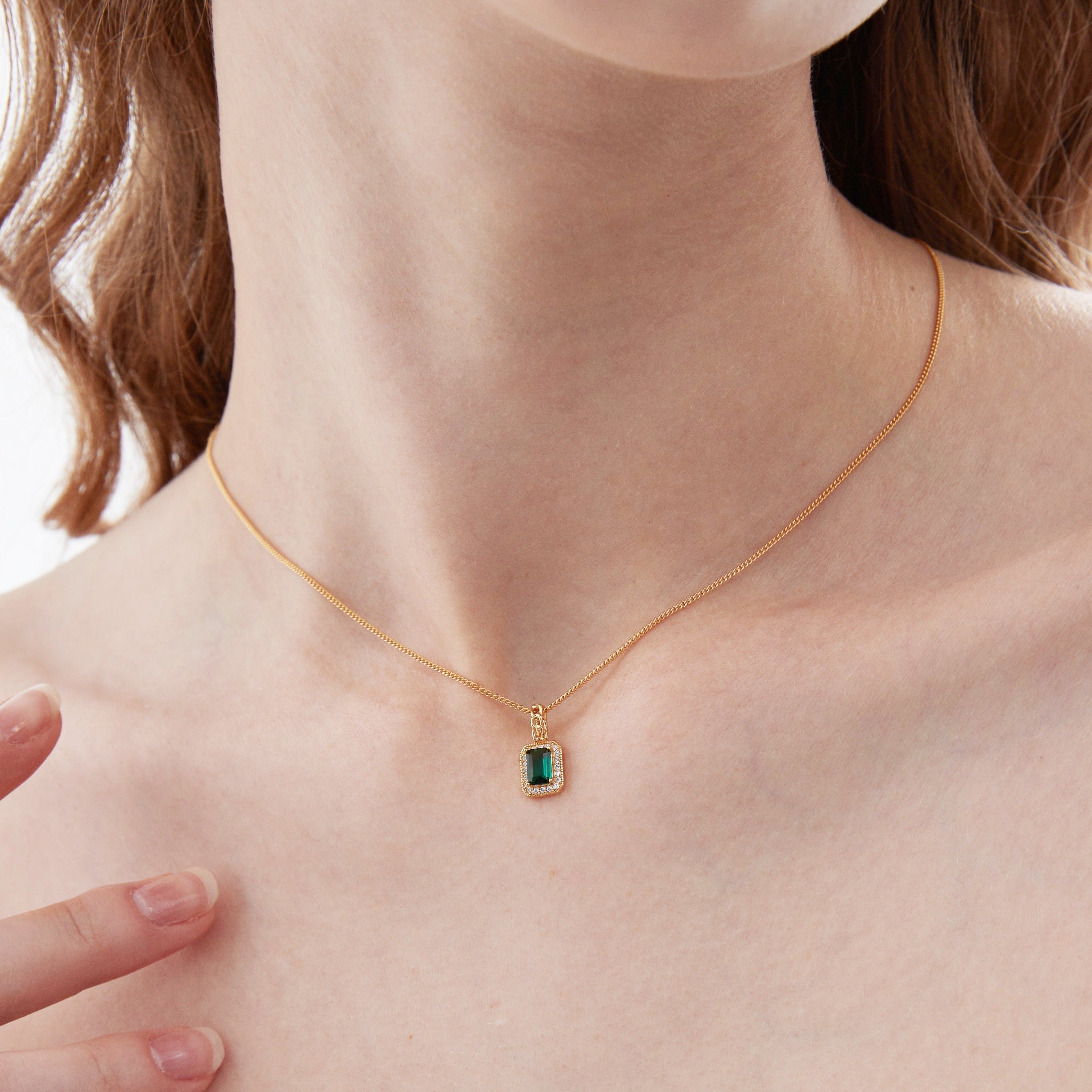 STMG Green Emerald Rectangle Necklace on neck