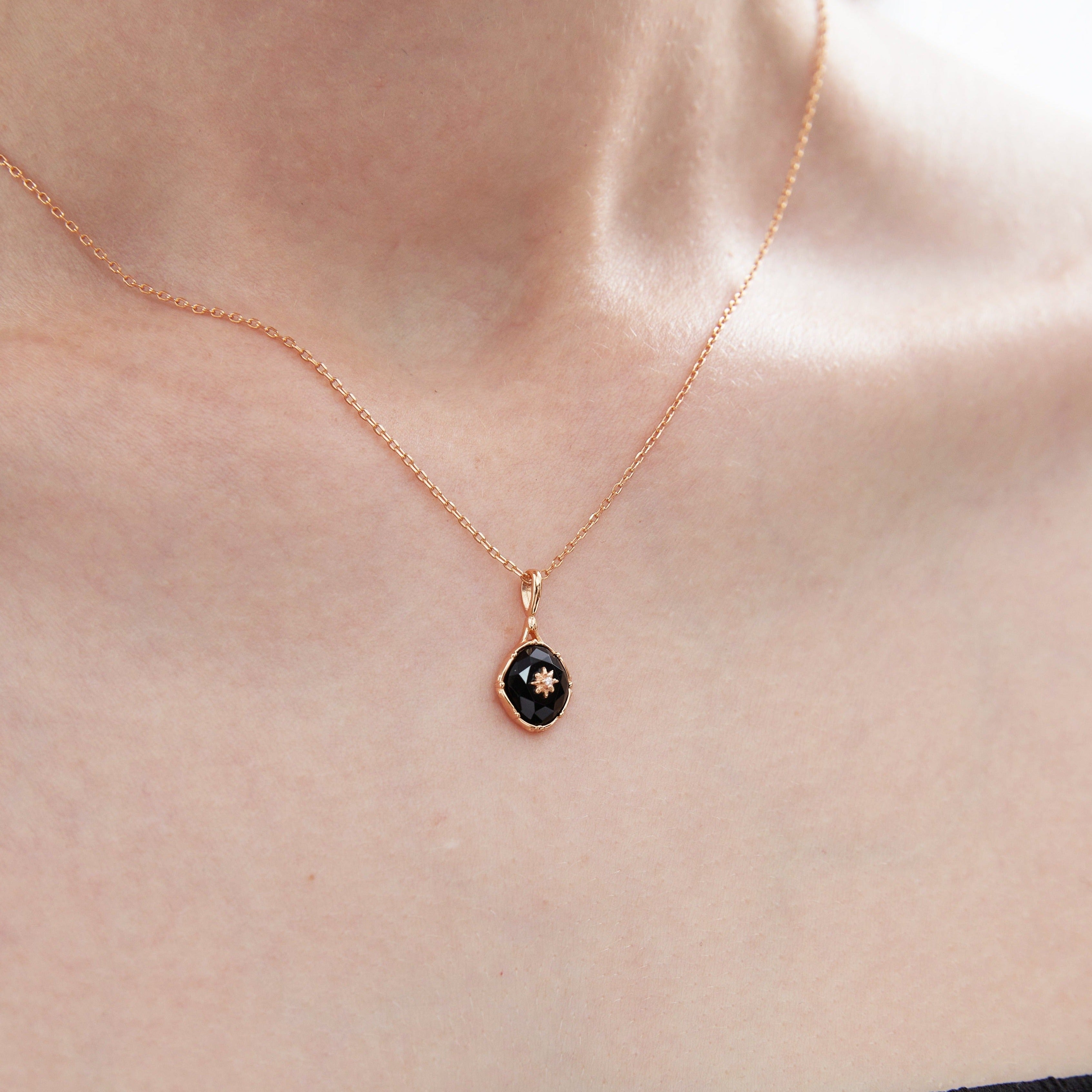 STMG Natural Black Agate with Starburst Necklace on neck