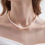 STMG Natural Pearl with CZ Pendant Necklace on neck