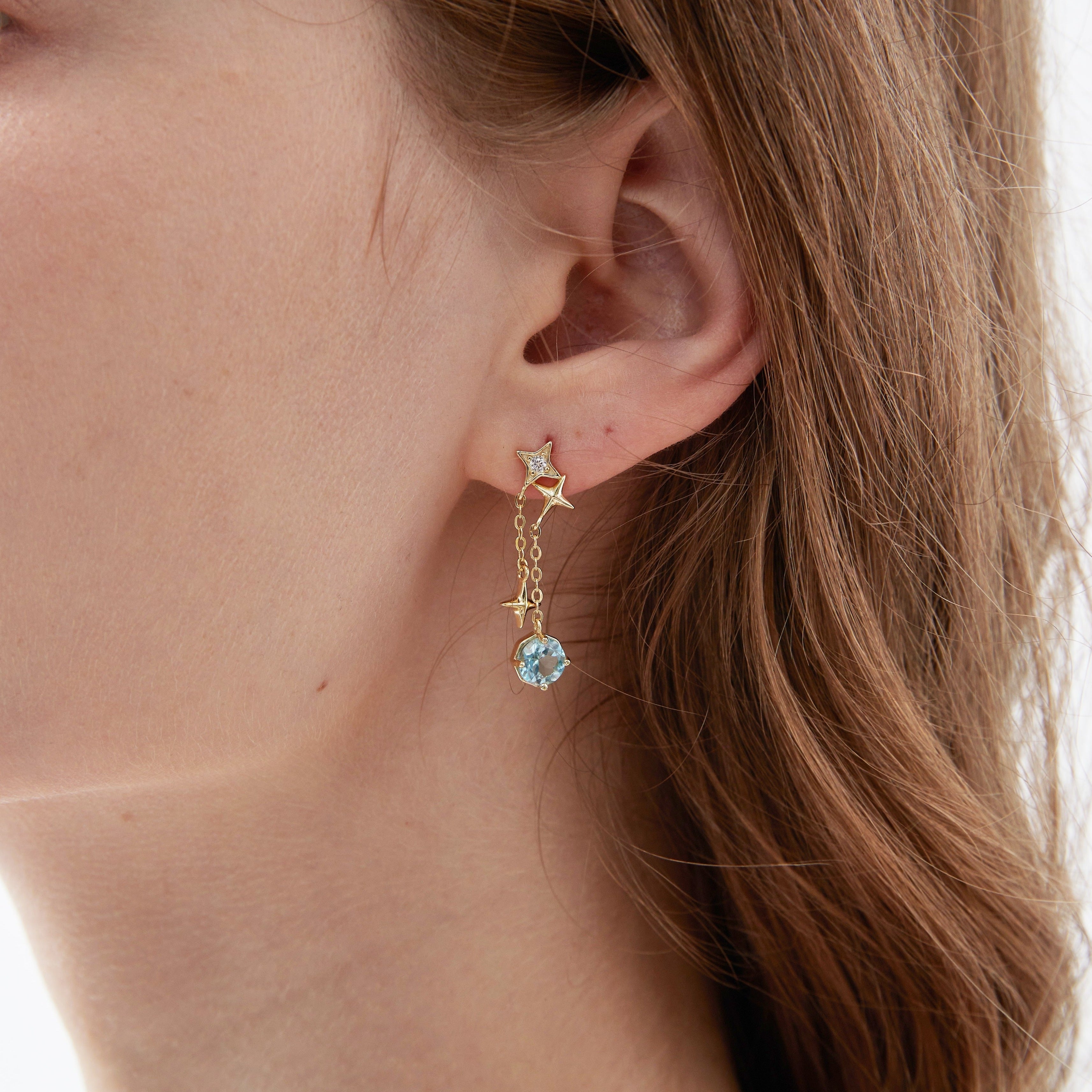 STMG Natural Blue Topaz Dangle Earrings on ear