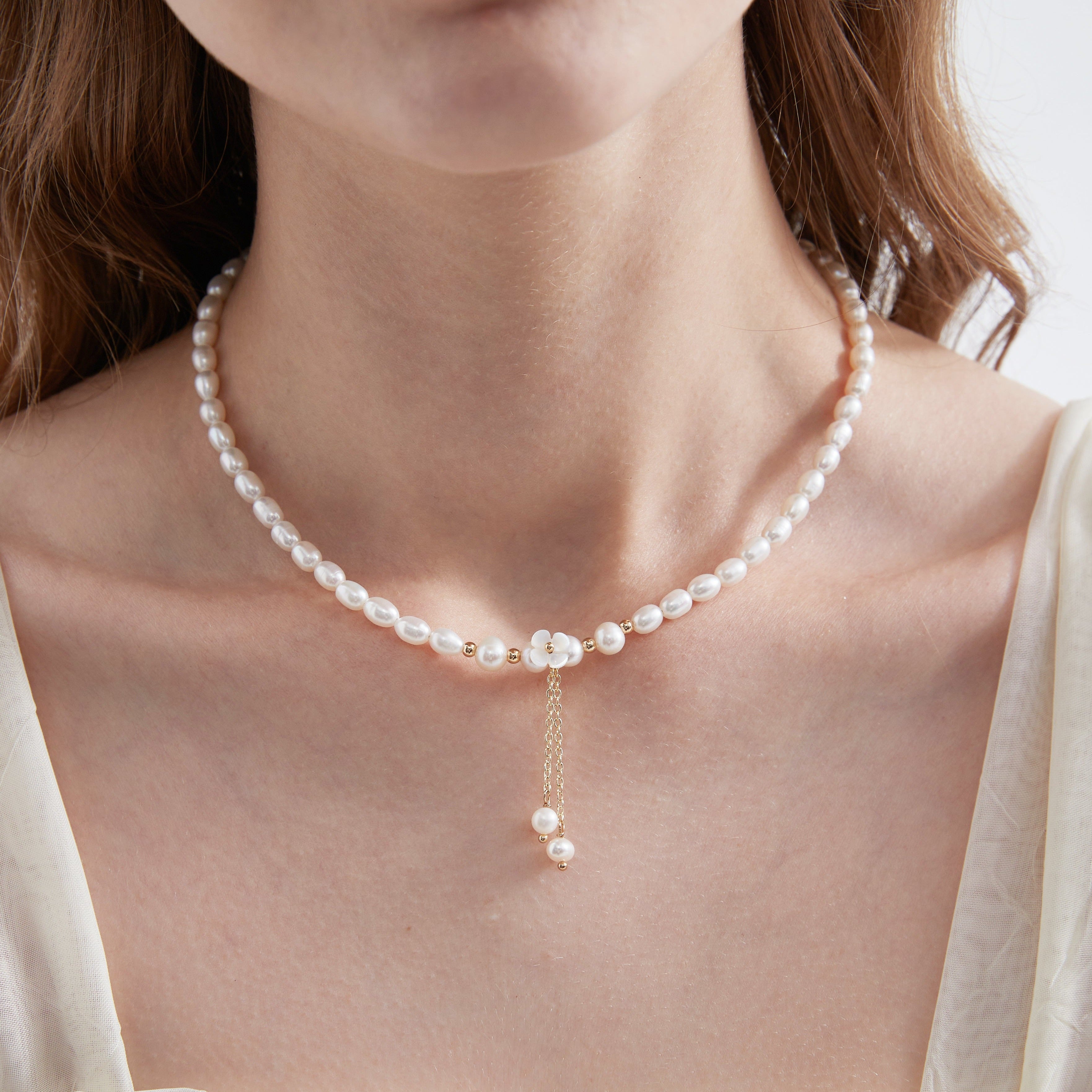 STMG Natural Pearl with Mother of Pearl Flower Necklace on neck