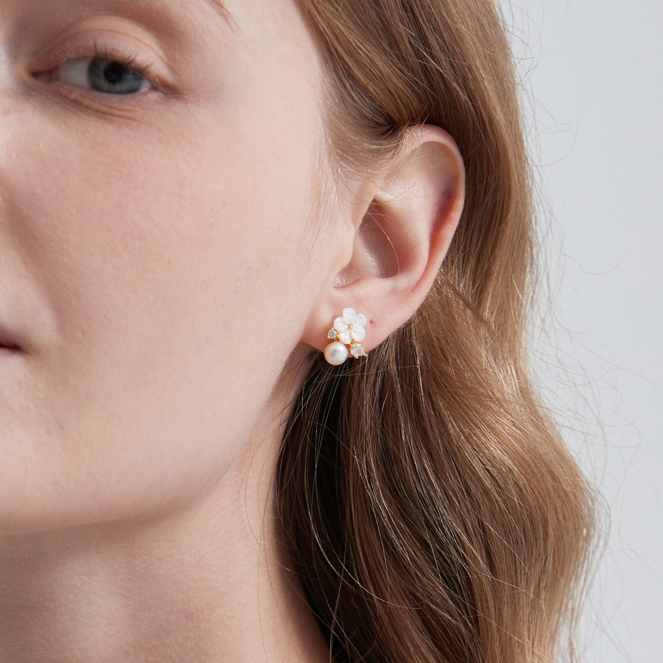 STMG Pearl Flower Stud Earrings on ear