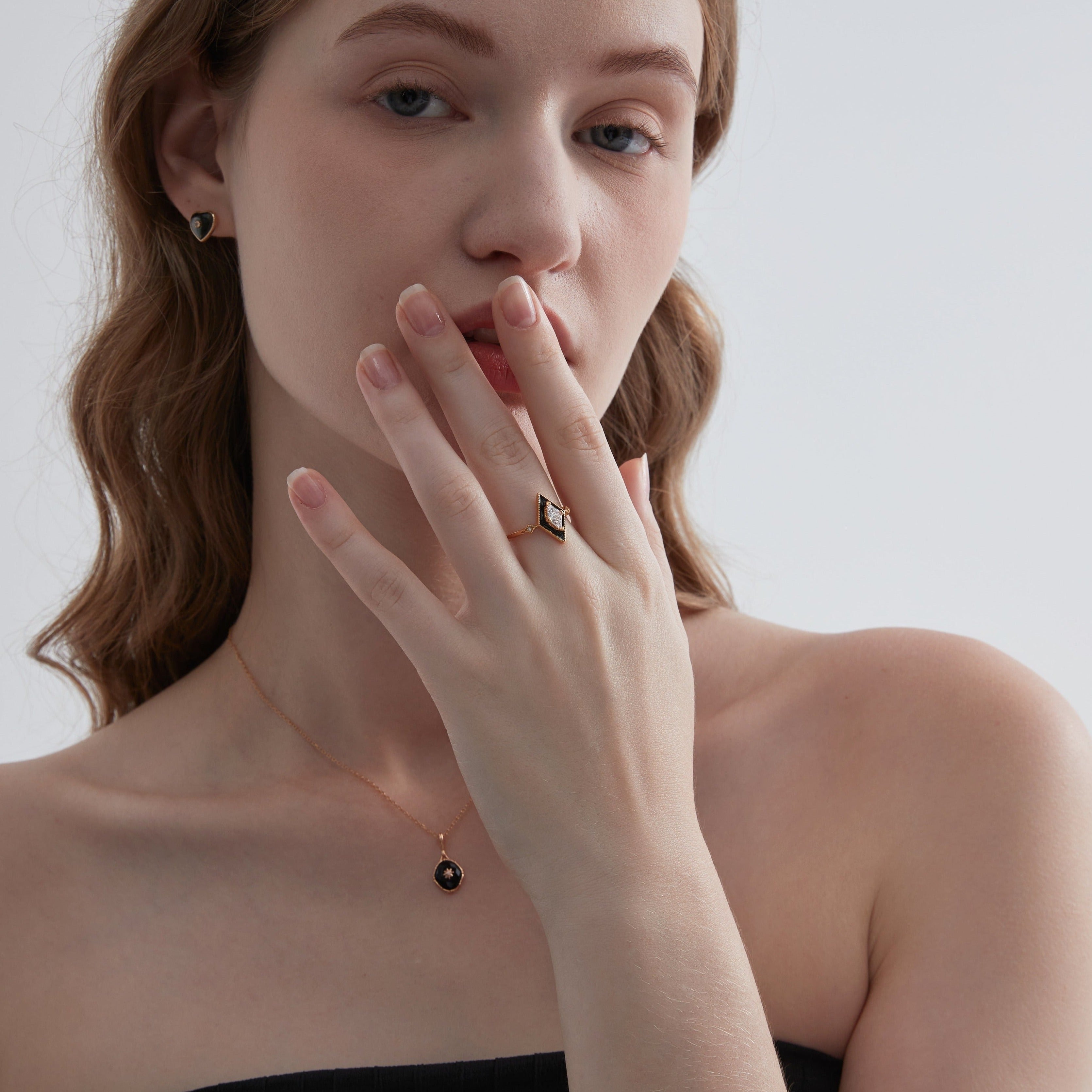 Black Rhombus Adjustable Ring on hand