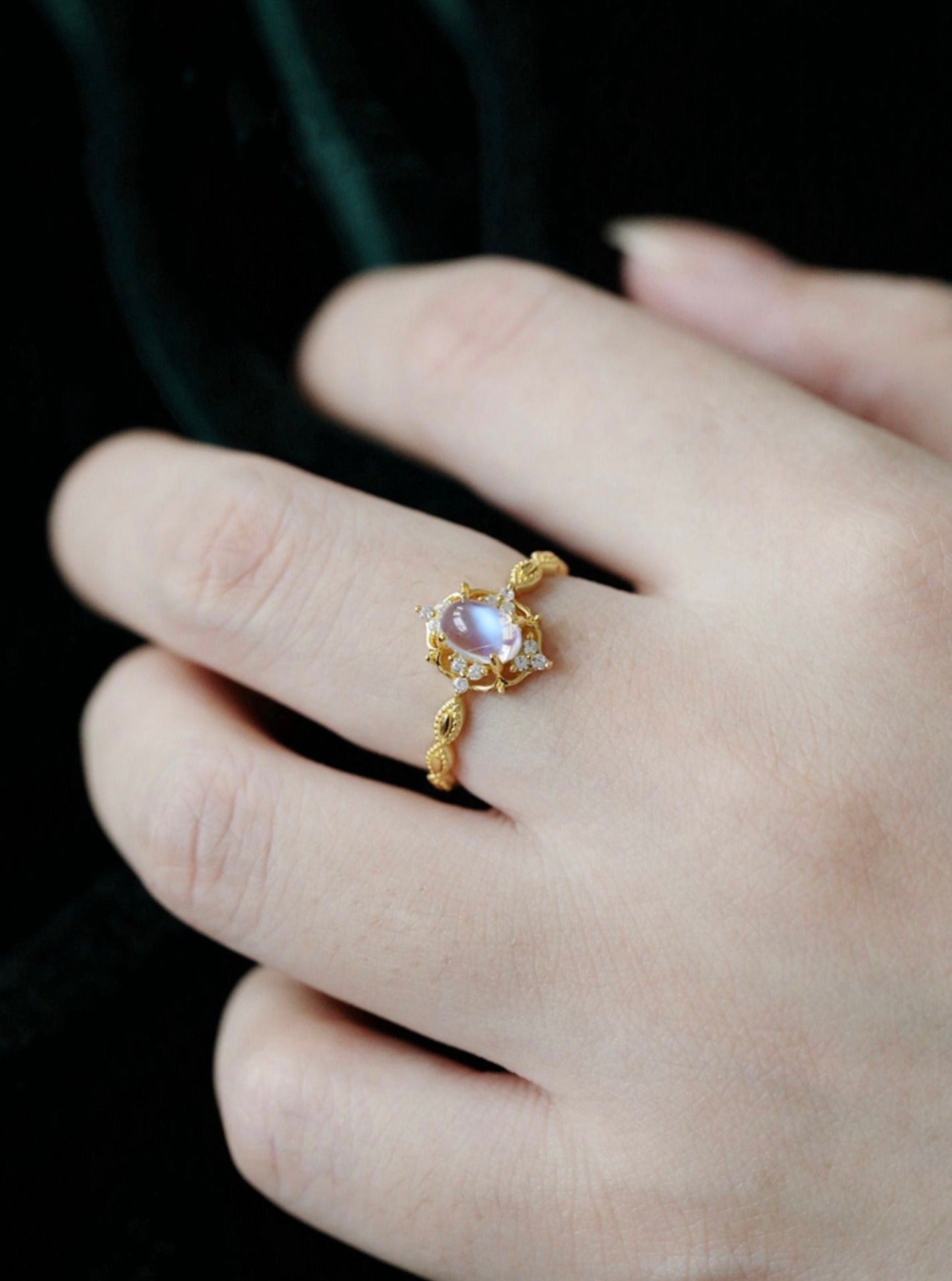 STMG Moonstone Adjustable Ring on finger